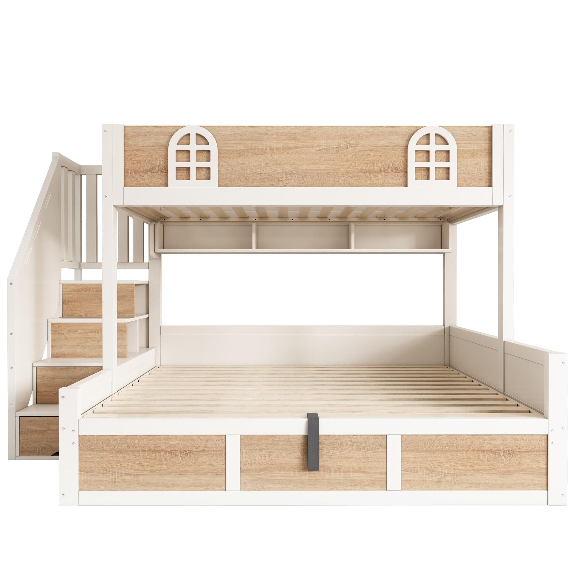 Flieks Etagenbett 90x200cm/140x200cm mit Stauraum, Hydraulisches Kinderbett mit Treppe, Hochbett Hausbett mit Lattenrost, Naturbelassen