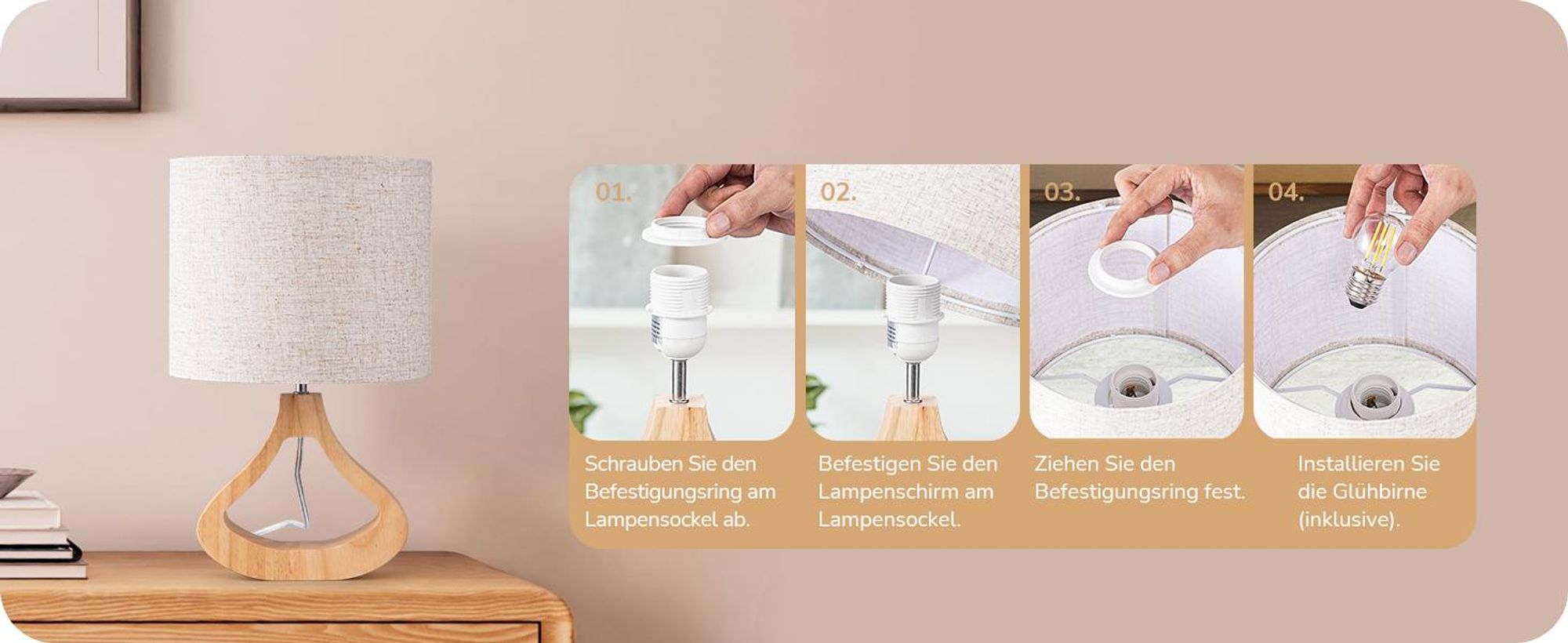 EDISHINE Nachttischlampe aus Holz, Tischlampe mit E27 Leuchtmittlel, Moderne Beige Tischleuchte Vintage für Wohnzimmer, Schlafzimmer