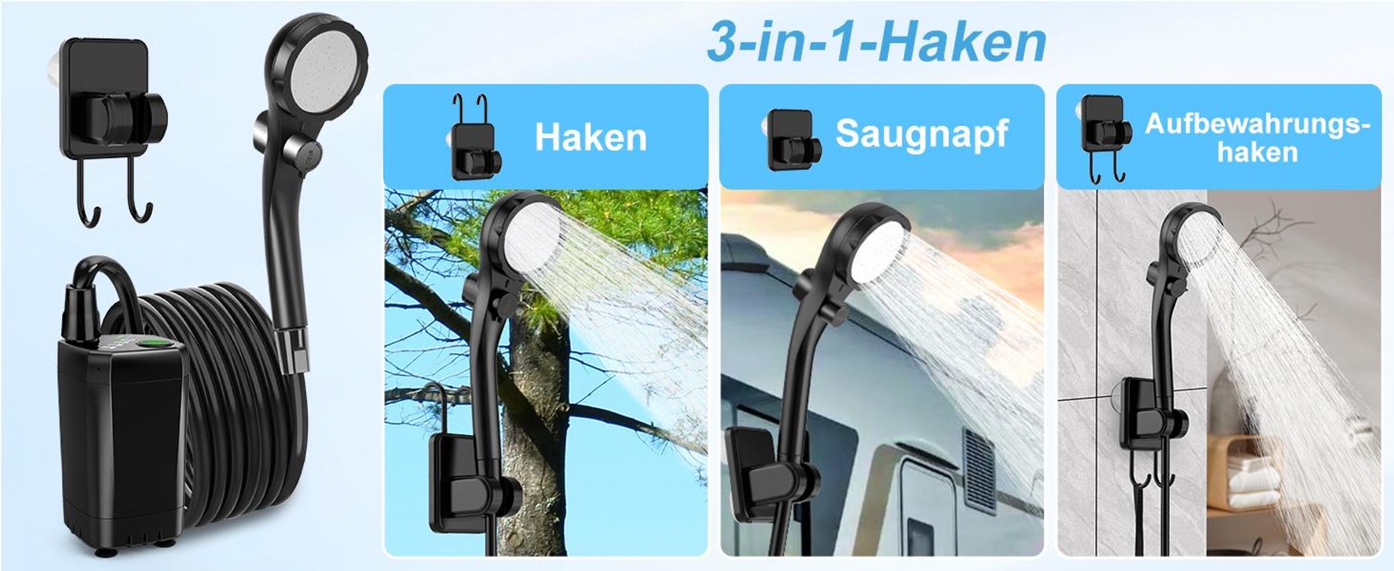Tragbare Campingdusche, Camping Dusche Outdoor, 6000mah Akku, mit Pumpe und Eimer, Mobile Duschen mit Duschkopf und Schlauch,für Camping Reisen Garten
