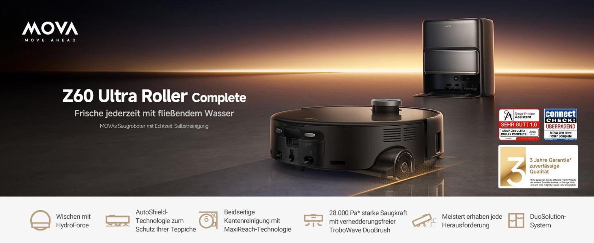 MOVA Z60 Ultra Roller Complete Saugroboter 28.000 Pa, HydroForce™ Hochdruck-Wischen, AutoShield™ Teppichschutz, StepMaster™ 2.0, FlexScope™ Navigation