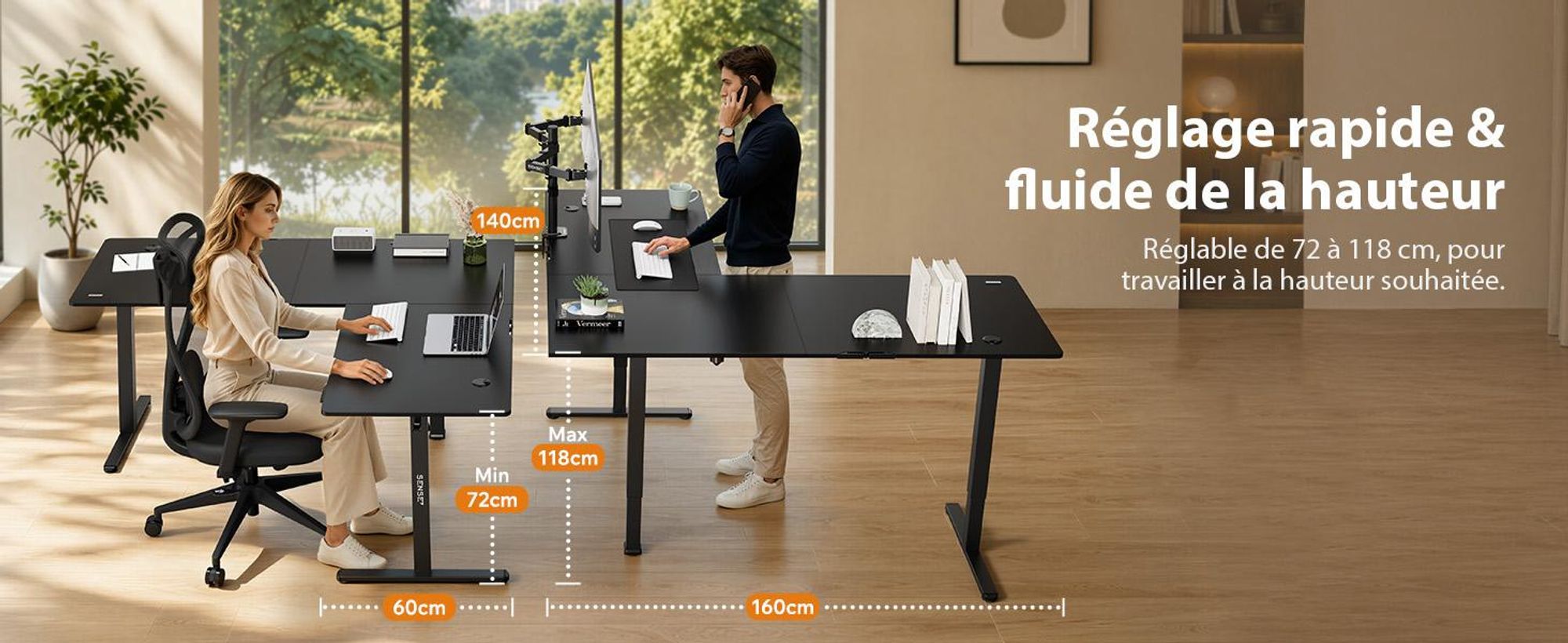 Bureau d'angle SENSE7 NOJO Light Corner, électrique, réglable en hauteur, dimensions 160x140, forme en L, bureau debout, double moteur, structure de bureau avec fonction mémoire, couleur noire