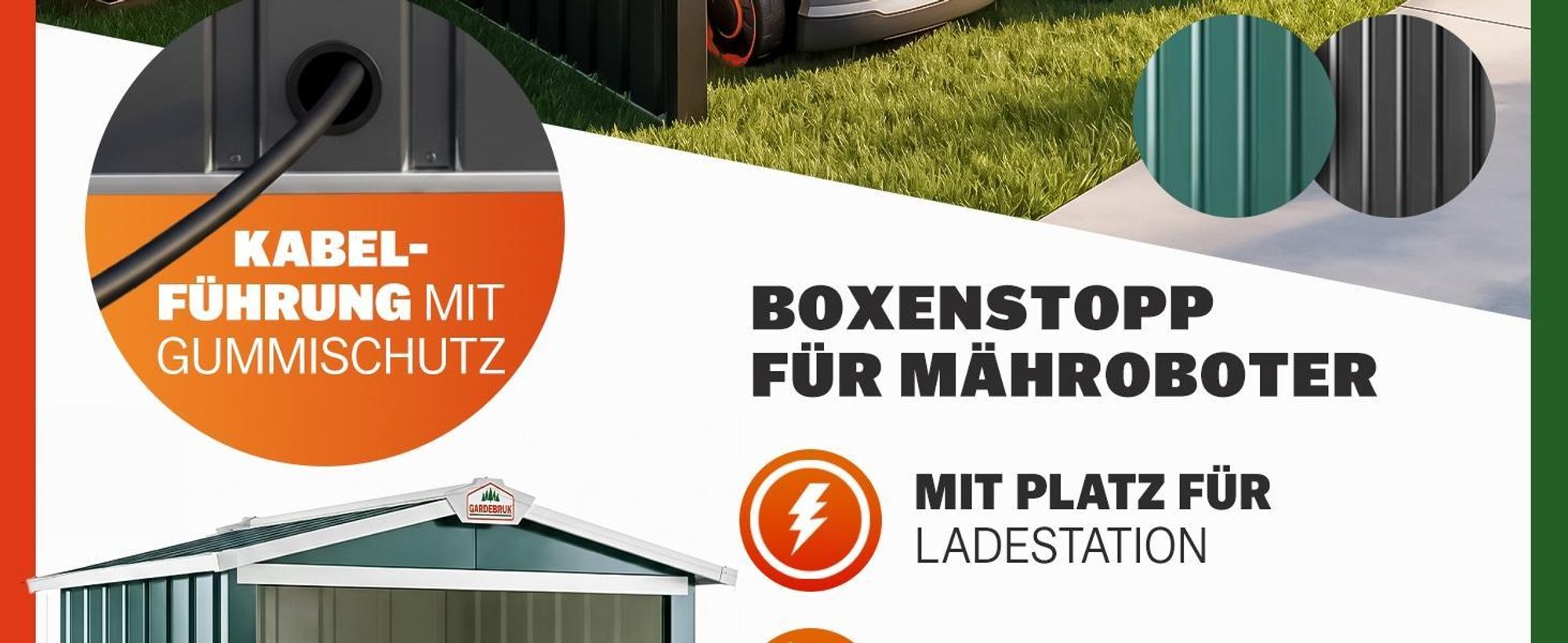 GARDEBRUK® Mähroboter Garage Metall Wetterbeständig Kabelführung 4x Erdanker Carport Rasen Garten, Farbe:Satteldach Grün