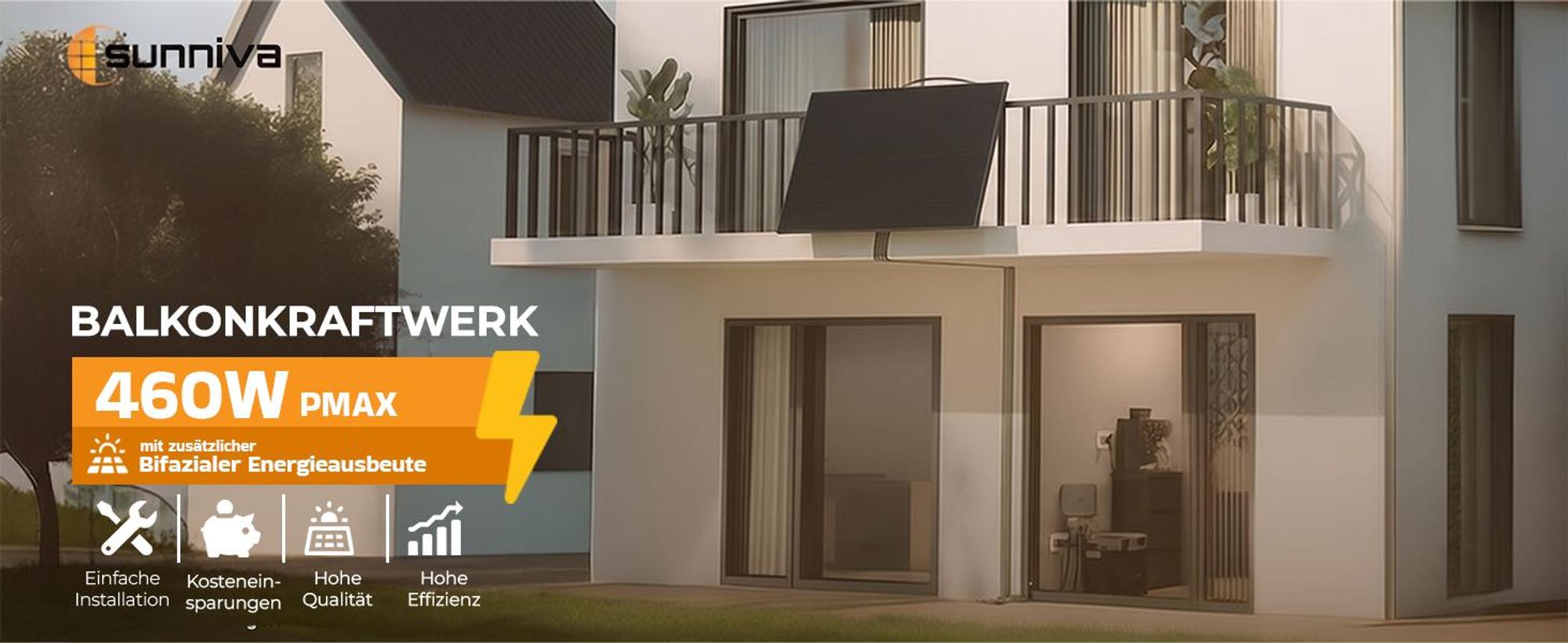 SUNNIVA® 460W Balkonkraftwerk BIFAZIAL FULLBLACK komplett Steckdose HOYMILES 400 Watt Wechselrichter, Komplettset 1x 460W PV Solaranlage Solarmodule