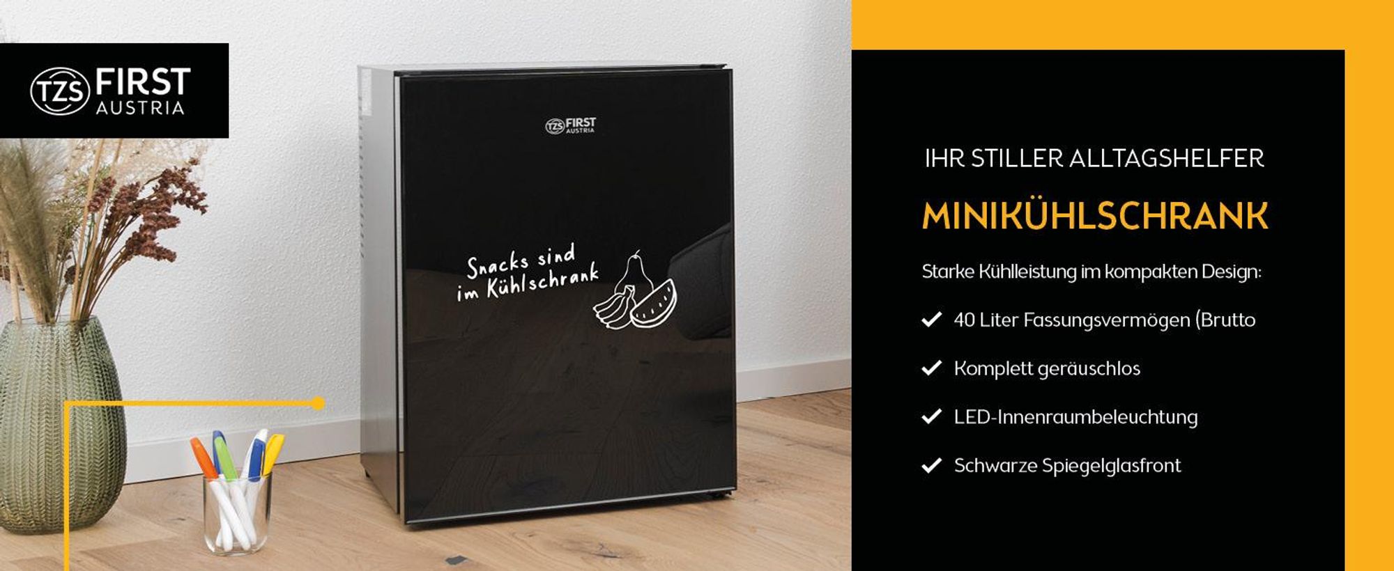 TZS First Austria - Mini Kühlschrank 40L lautlos & - Kleiner Minikühlschrank wechselbarer Türanschlag & Innenbeleuchtung - Minibar für Camping, Büro, Schlafzimmer & Hotel - Glasfront