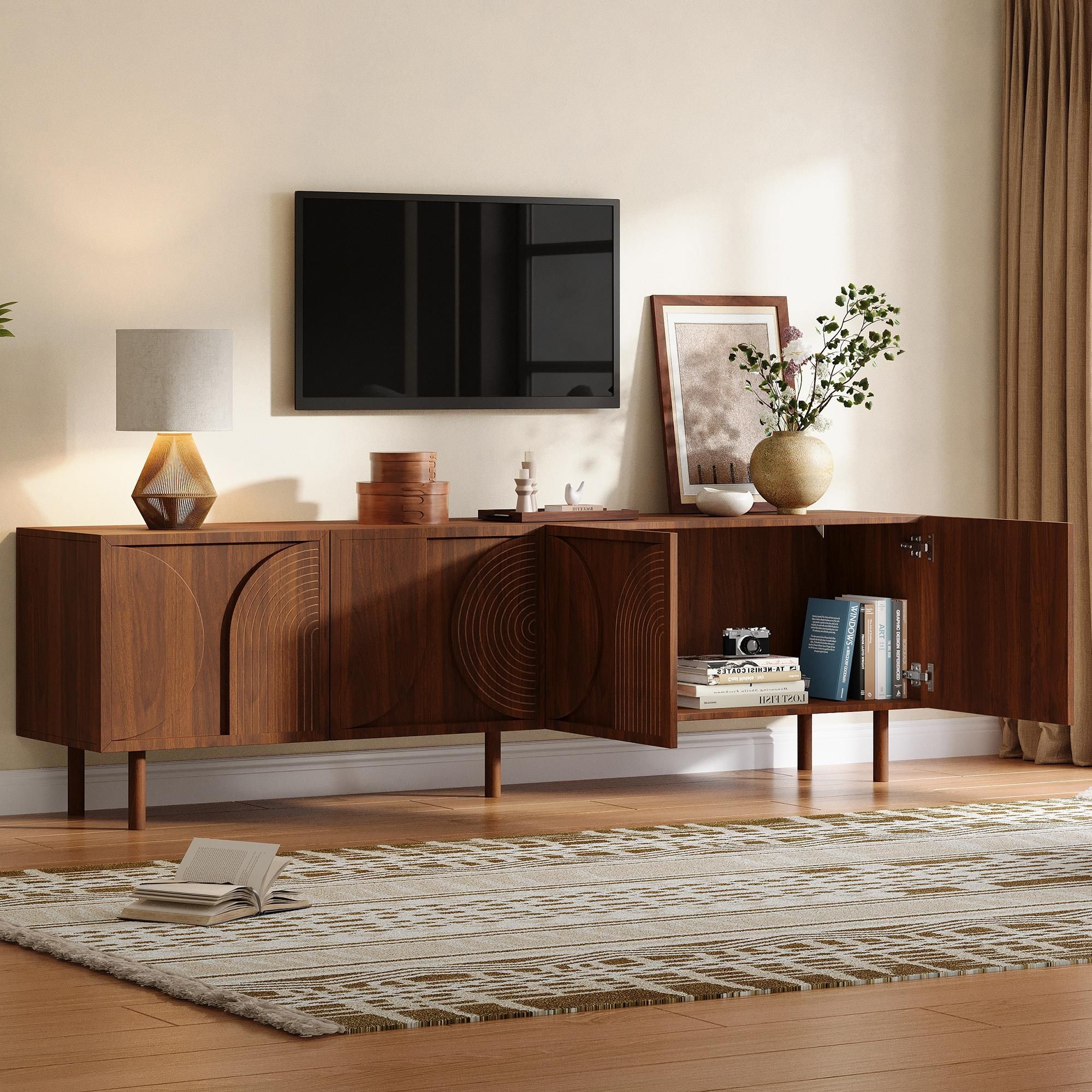 Merax TV Lowboard TV-Schrank mit 4 Türen und 2 Staufächer, 180cm Fernsehtisch mit 3D Reliefdesign, Soft Close, TV Board für 75 Zoll, Walnuss Optik