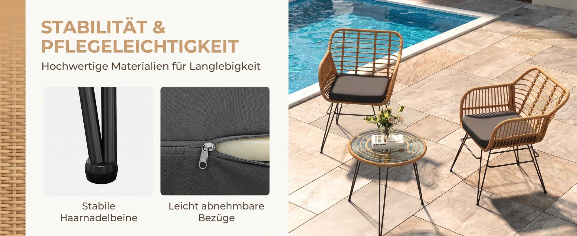 Polyrattan Balkonmöbel Set 3-teilig, Gartenmöbel, Glastisch & 2 Stühlen, wetterfest, UV-beständig, rostfrei, Terrasse