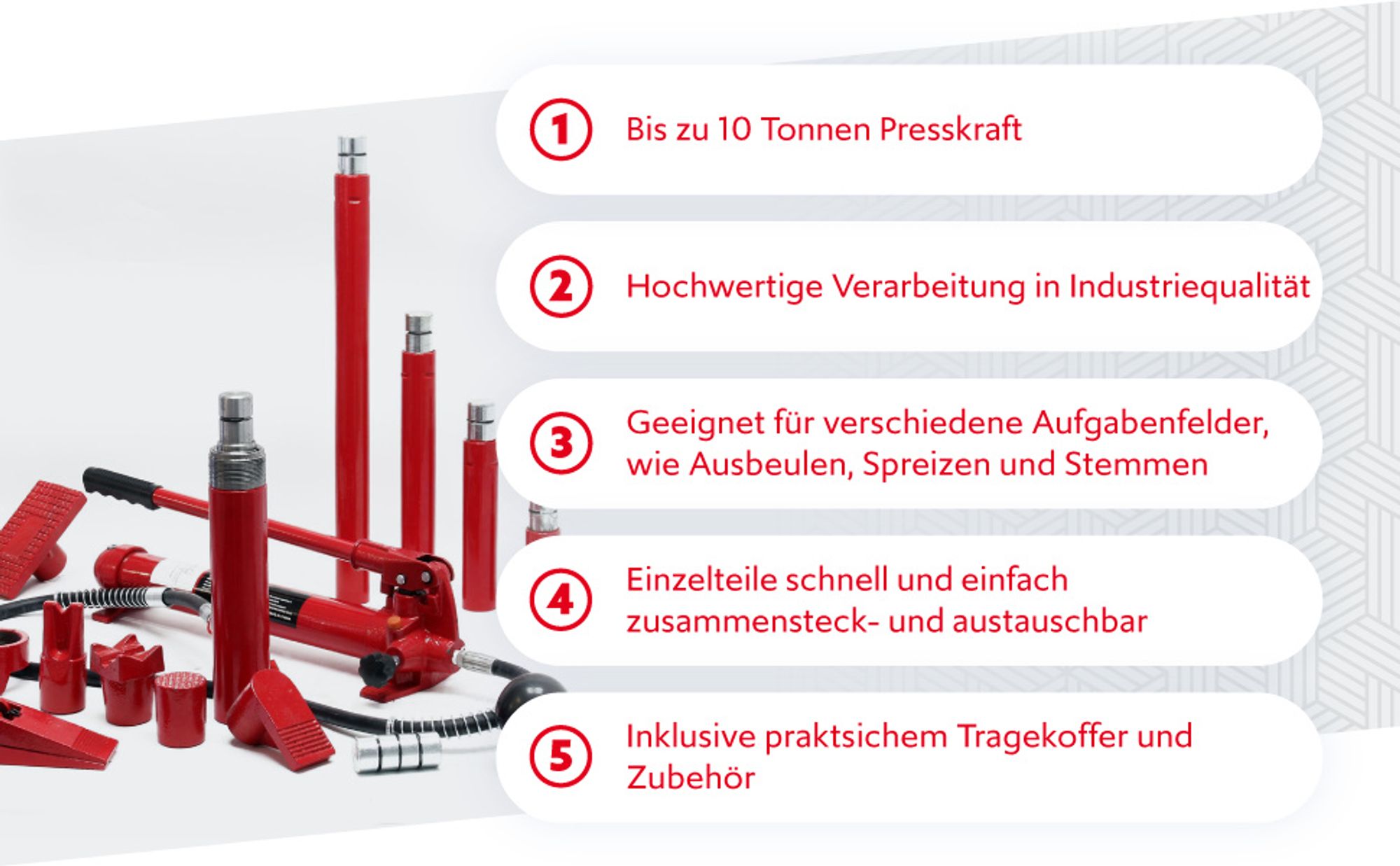 Wiltec Hydraulischer Karosserie Richtsatz 10 t Presskraft, Wagenheber, Deckenstütze, Maschinenheber inkl. Koffer & Zubehör, Presse zum Auto Ausbeulen