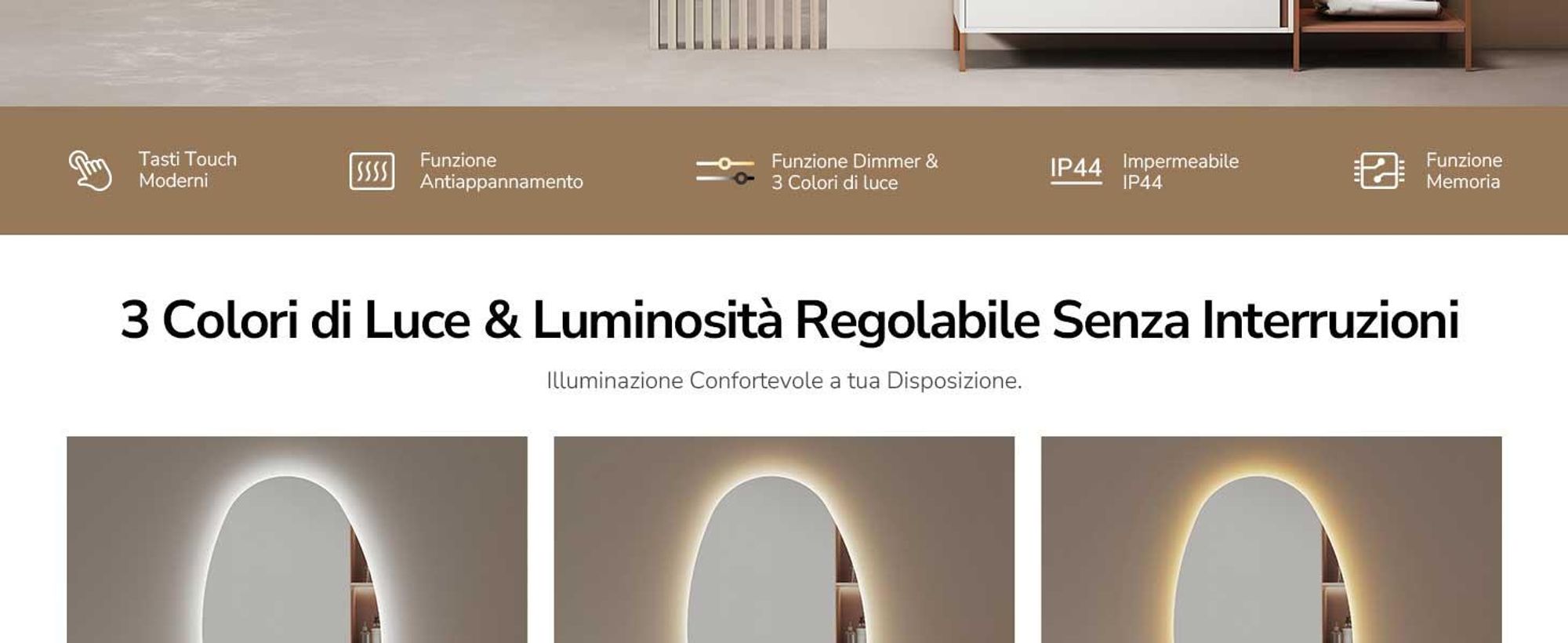 Specchio da bagno EMKE LED con interruttore touch, specchio senza cornice con illuminazione, asimmetrico, antiappannamento, 3 colori di luce dimmerabili, 65 x 45 cm