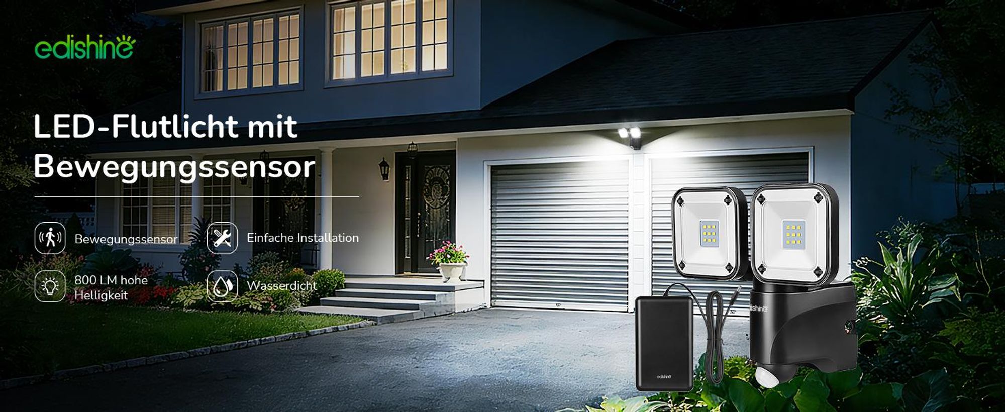 EDISHINE LED Strahler mit Bewegungsmelder Außen, akku Außenstrahler schwenkbar, 6000K Flutlichtstrahler