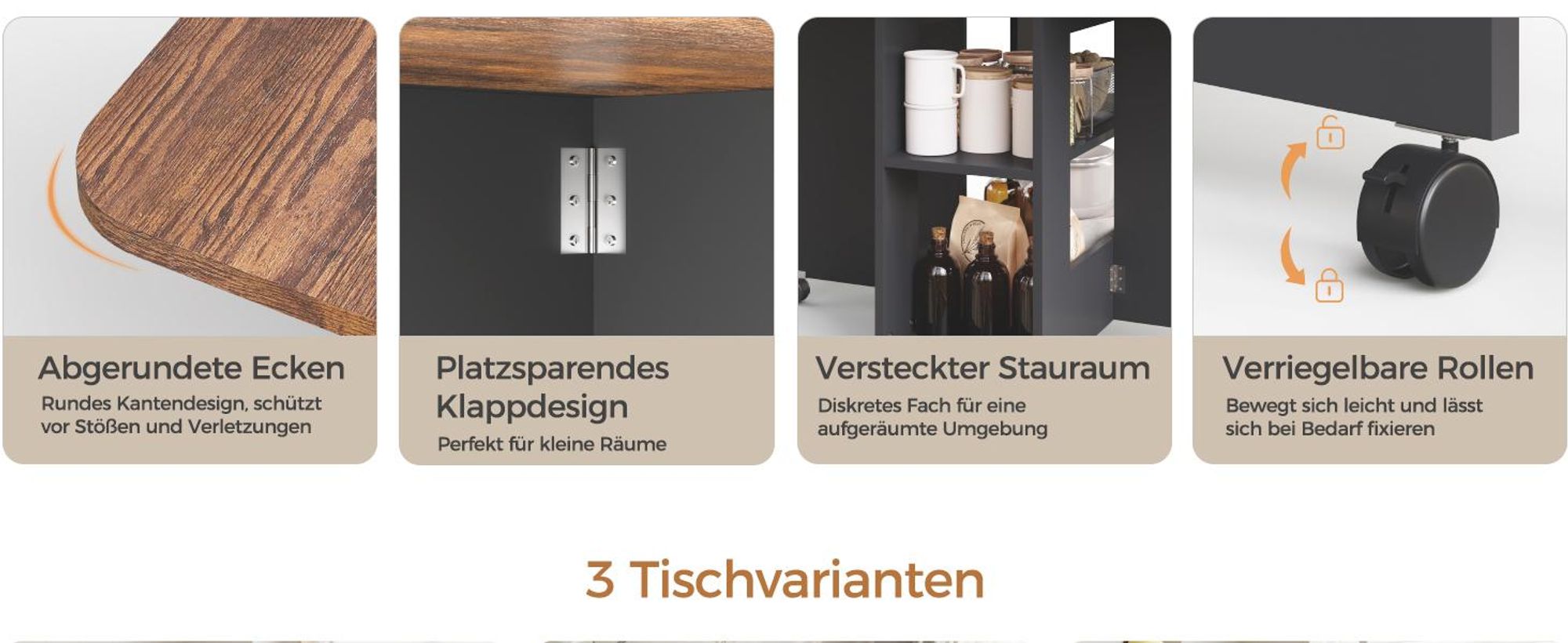 Mondeer Esstisch mit 4 Hockern Platzsparend (120x80→33x80cm), Rollbar mit Bremsen, 3-in-1 Funktion & Schnell Aufgebaut Braun und Schwarz