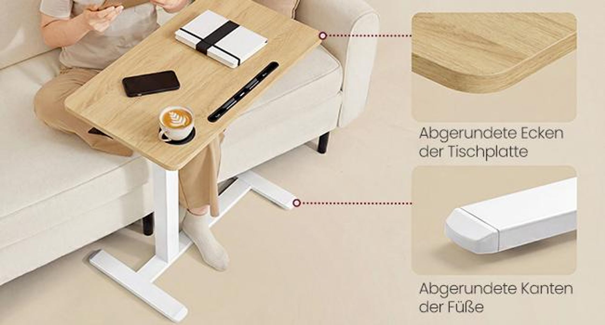 VASAGLE Stehtisch, Beistelltisch mit Rollen, 70 x 40 cm Tischplatte, verstellbar, 2 Getränkehalter, eichefarben