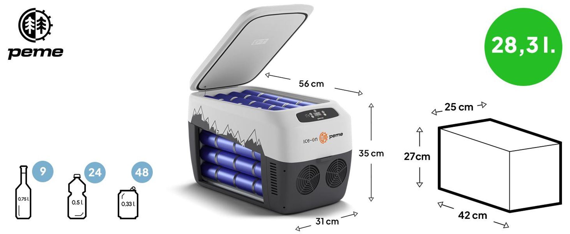 PEME Ice-on 30L Elektrische Kühlbox Auto 12V 230V - Autokühlschrank Camping Kühlbox mit Strom Kühl- & Heizfunktion USB Leise Mobiler Kühlschrank