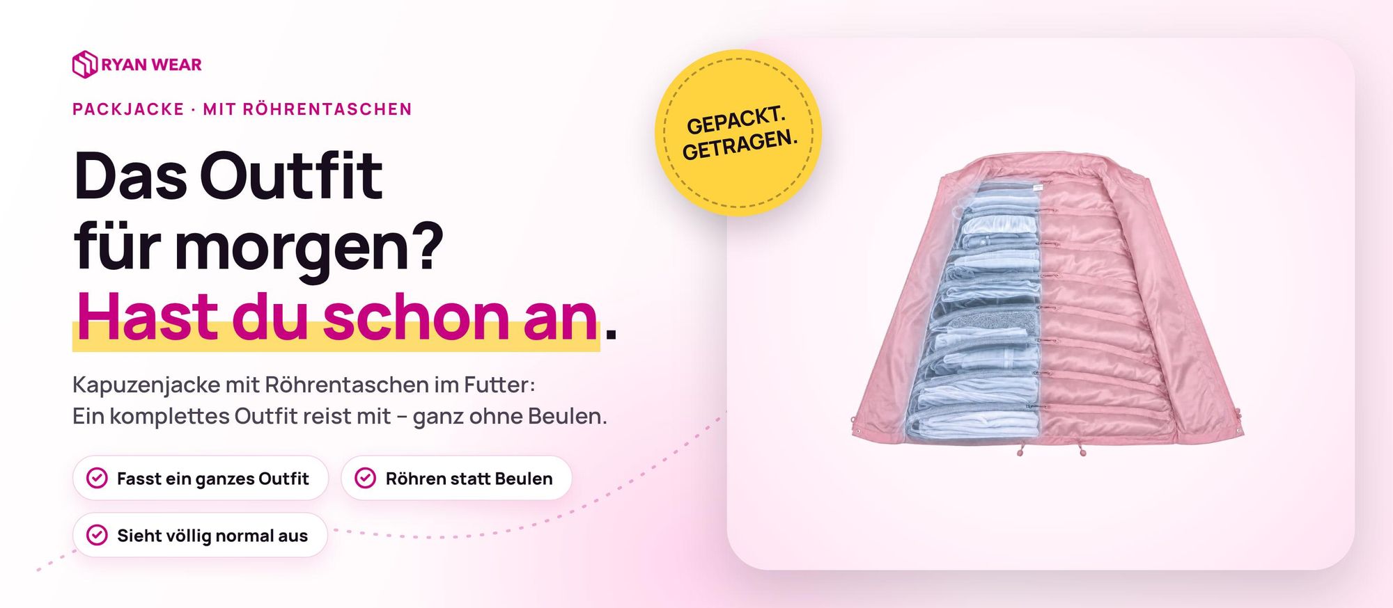 Ryanwear Packjacke: Uni-Reisejacke mit Kapuze und Röhrentaschen für Kleidung