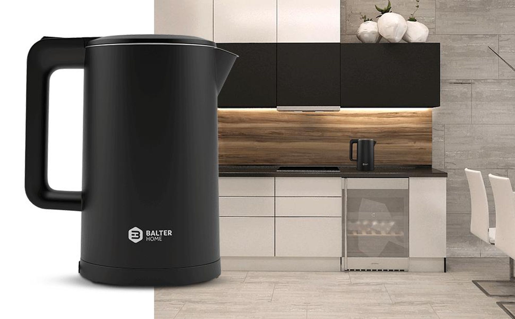 Balter Wasserkocher Edelstahl WK-4, 1,7 Liter, elektrischer Wasserkocher, Doppelwand Design, BPA frei, LED, kabellos, Teekocher Kompakt, Schwarz