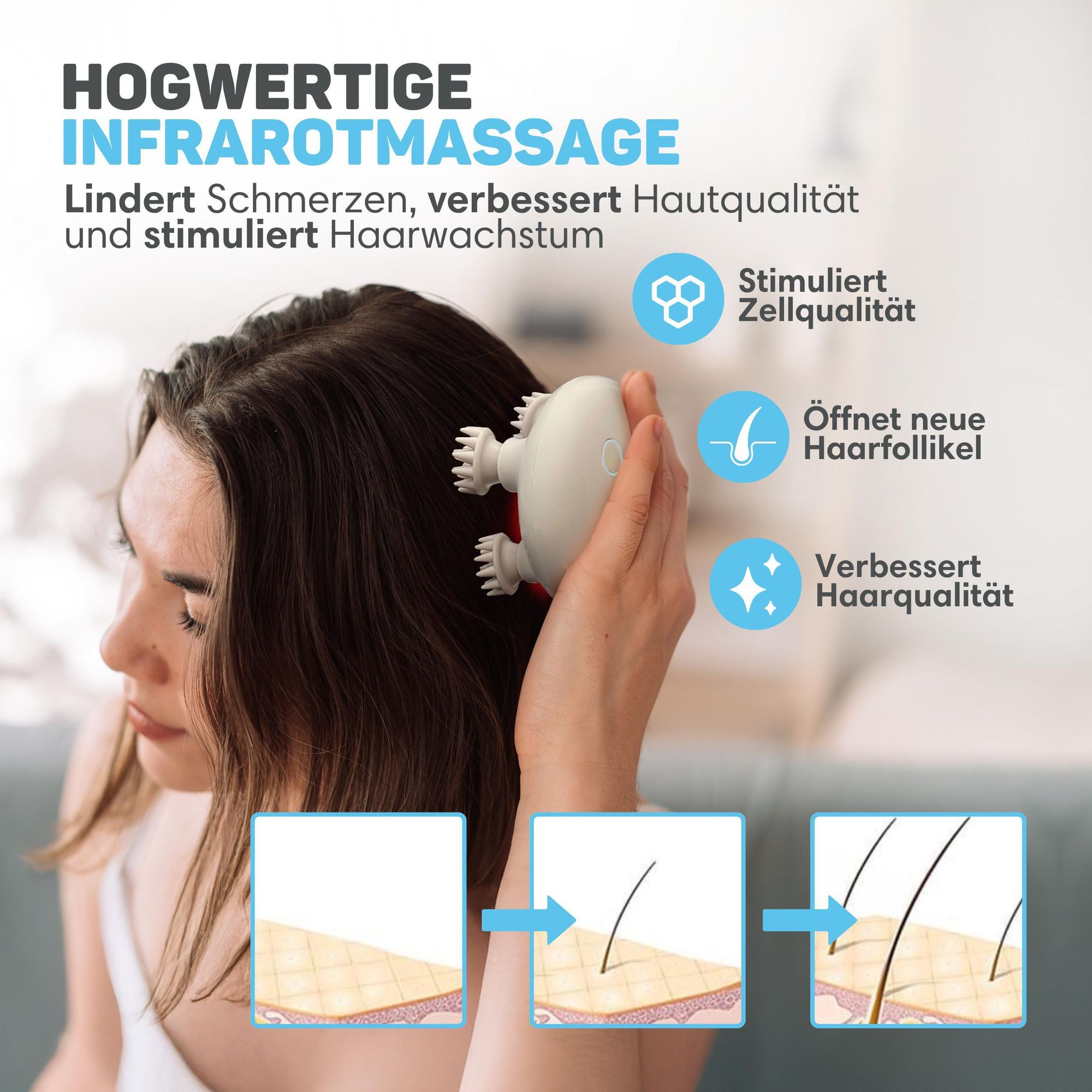 Vulpes Goods Kopfmassagegerät, Elektrisches Massagegerät, Verbesserte Blutzirkulation mit Infrarot-Wärme, Kopfhautmassagegerät, USB aufladbar