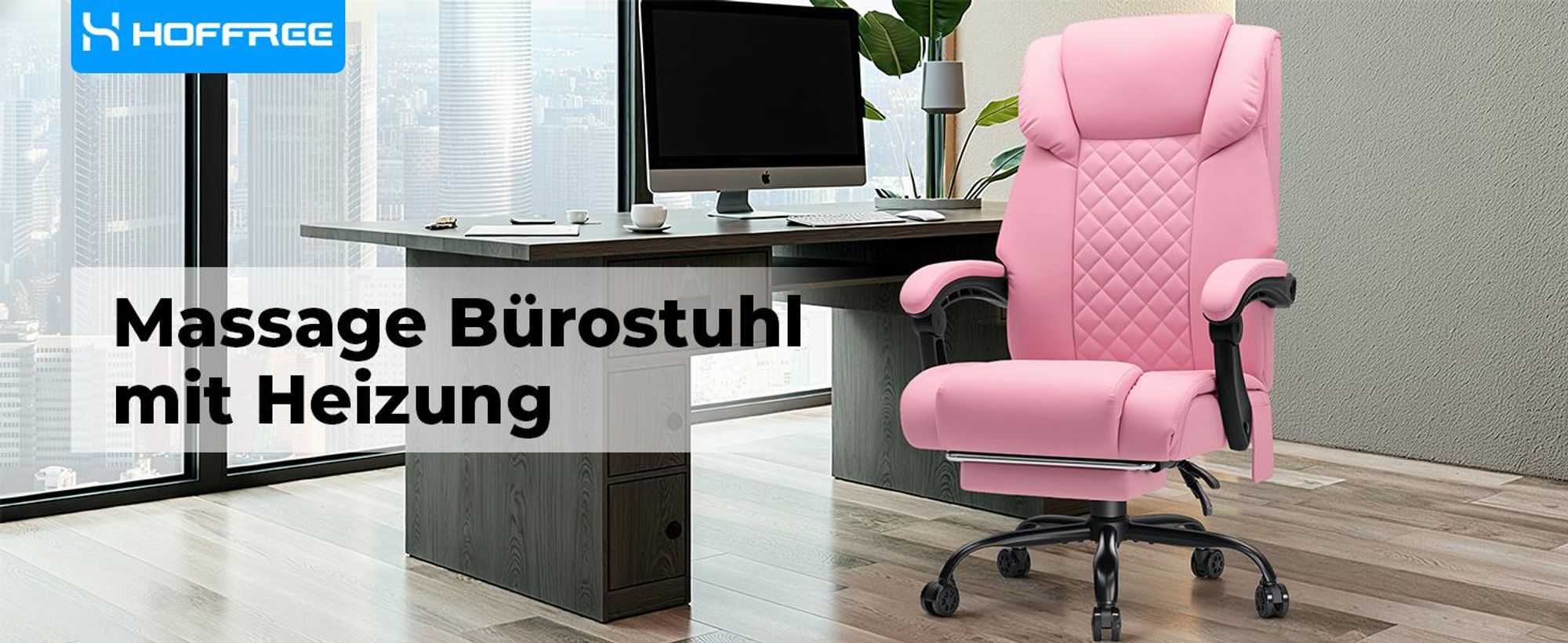 HOFFREE Massage-Bürostuhl mit Wärme & 7 Vibrationspunkten, 180° neigbar, Fußstütze, 200 kg Tragkraft, Chefsessel für große Personen, Pink