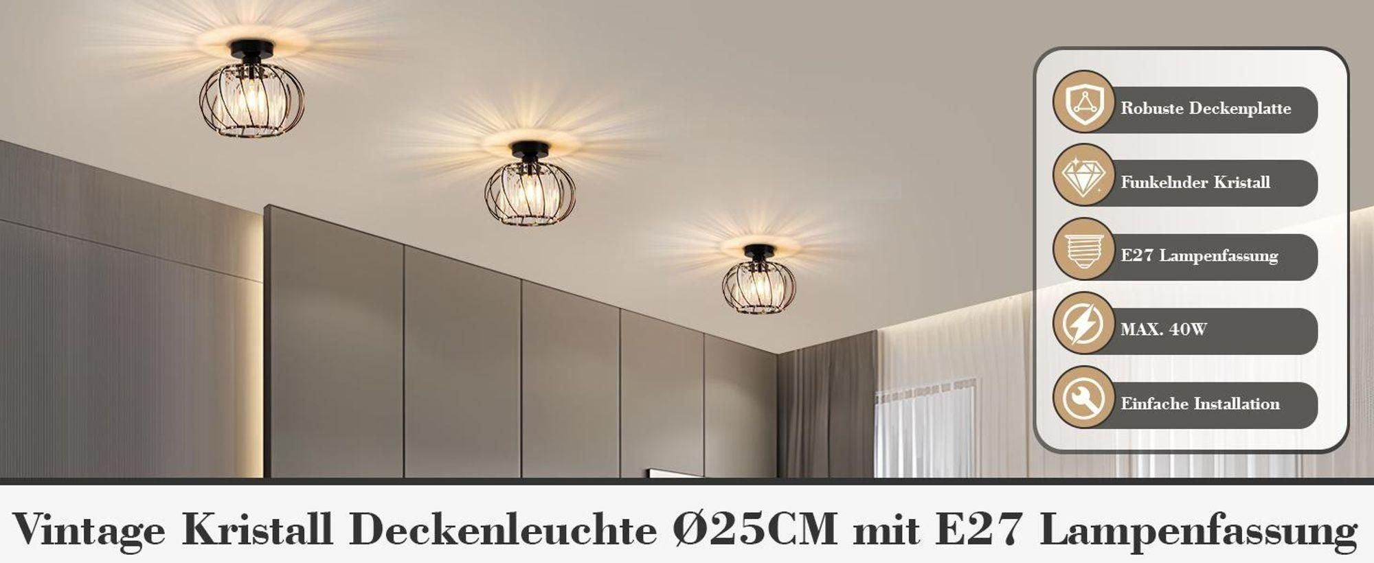 ZMH Deckenleuchte Kristall Deckenlampe 25cm Flur Flurlampe Deck Küchenlampe E27 Metall Schwarz Innen Deckenbeleuchtung für Küche Wohnzimmer Hotel