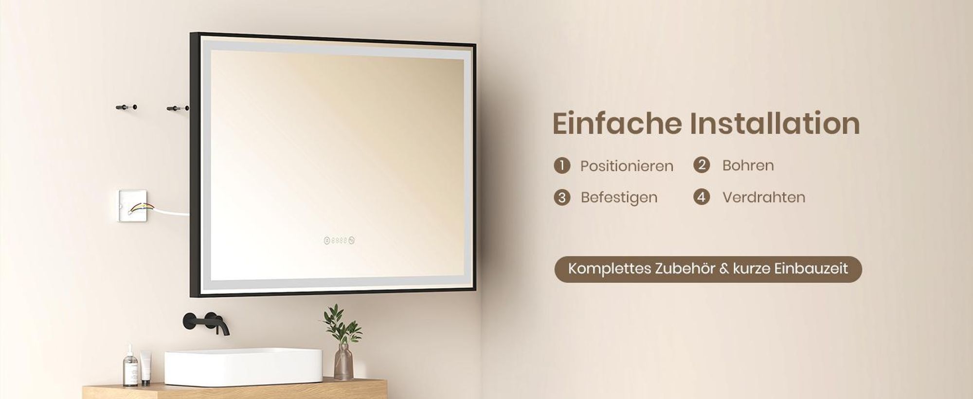 EMKE Badspiegel LED Spiegel 50x70cm Badezimmerspiegel Lichtspiegel mit Schwarz Rahmen Touch-Schalter, Beschlagfrei und Uhr Funktions