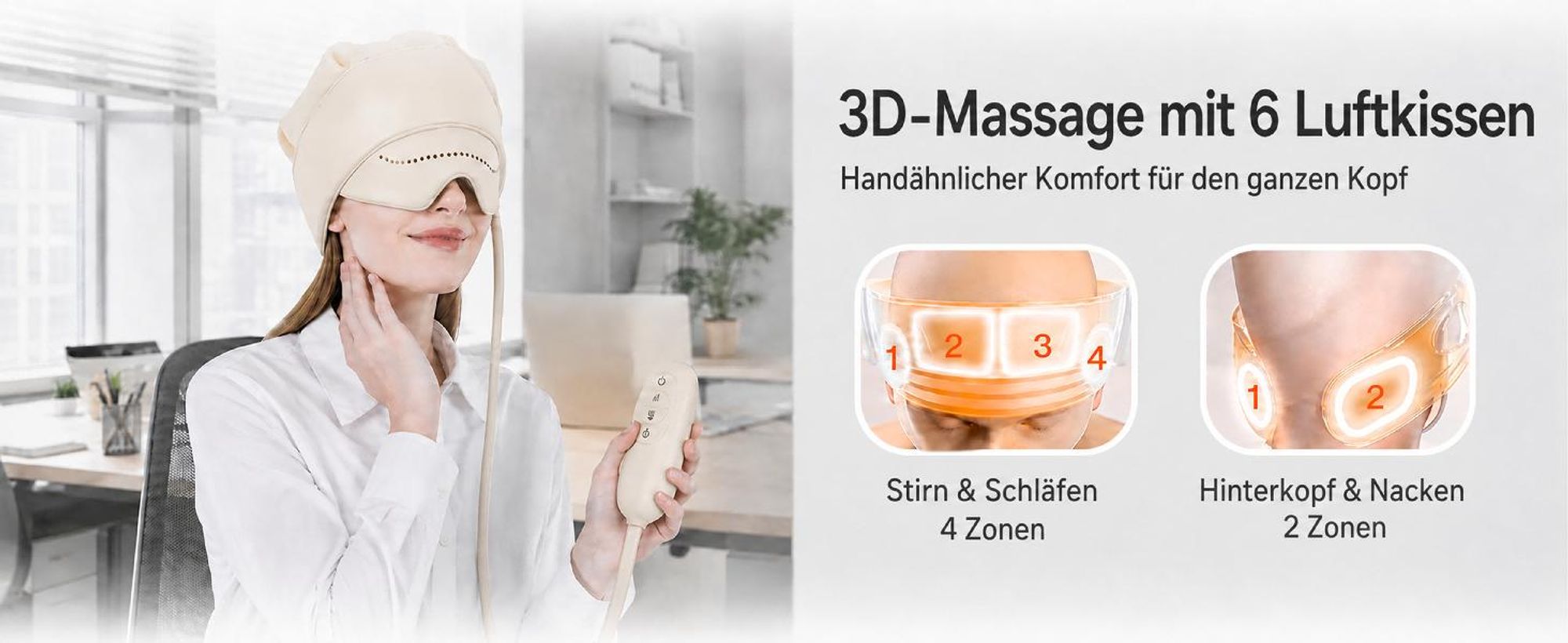 2-in-1 Kopf & Augen Massagegerät mit Wärme, 6 Modi, 6 Intensitätsstufen, Sichtfenster, Kabellos – Gegen Kopfschmerzen & Stress