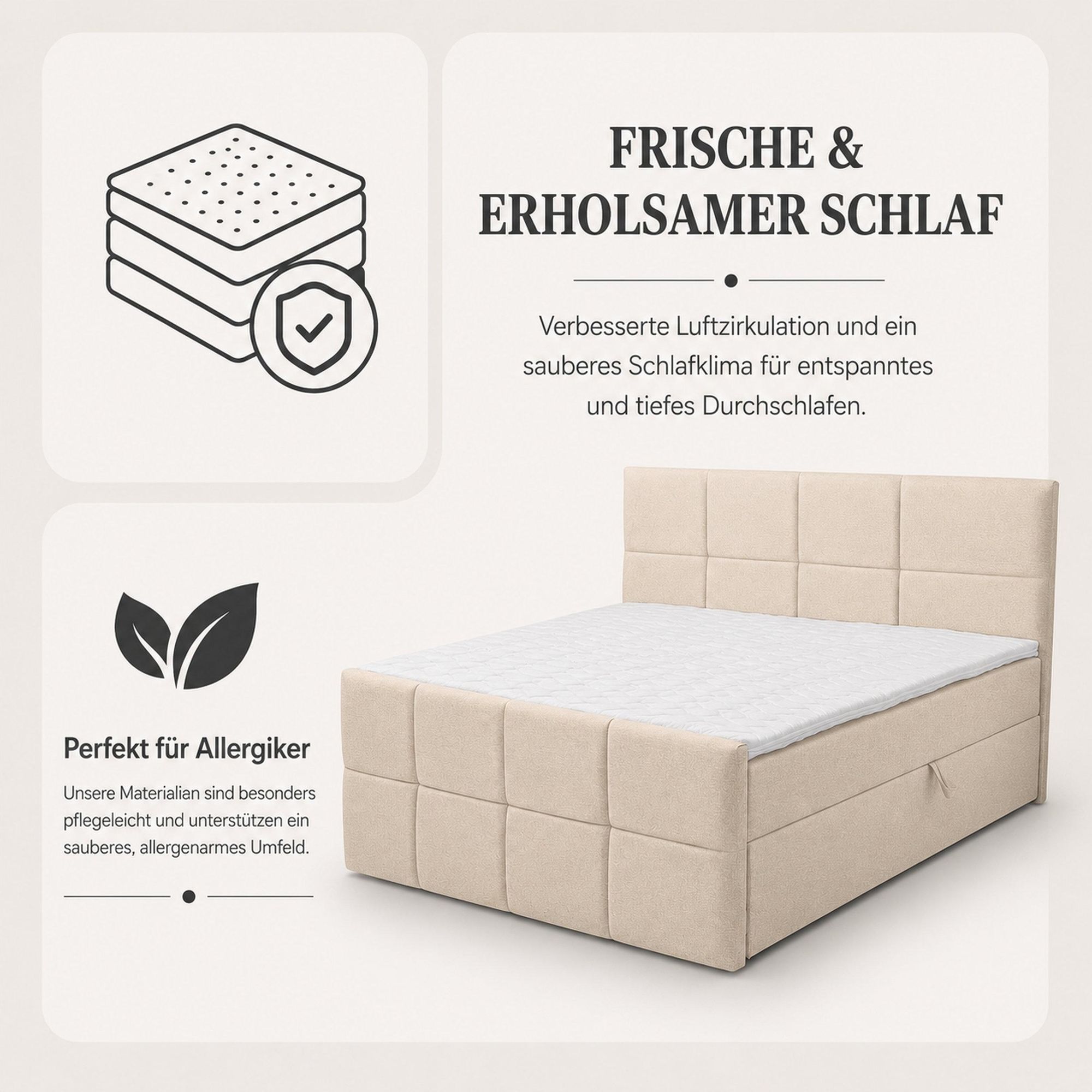 VENASI Boxspringbett 160x200 mit Bettkasten, Doris Doppelbett Beige Velourstoff