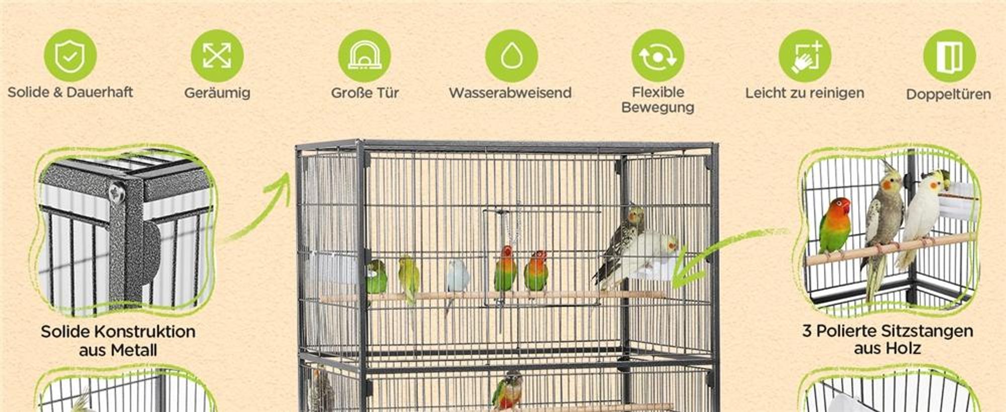 Yaheetech Vogelkäfig mit Ständer, Vogelvoliere mit 3 Holzstangen und 4 Futternäpfen, Wellensittich Käfig mit 4 Rollen, Voliere für Papageien, Schwarz