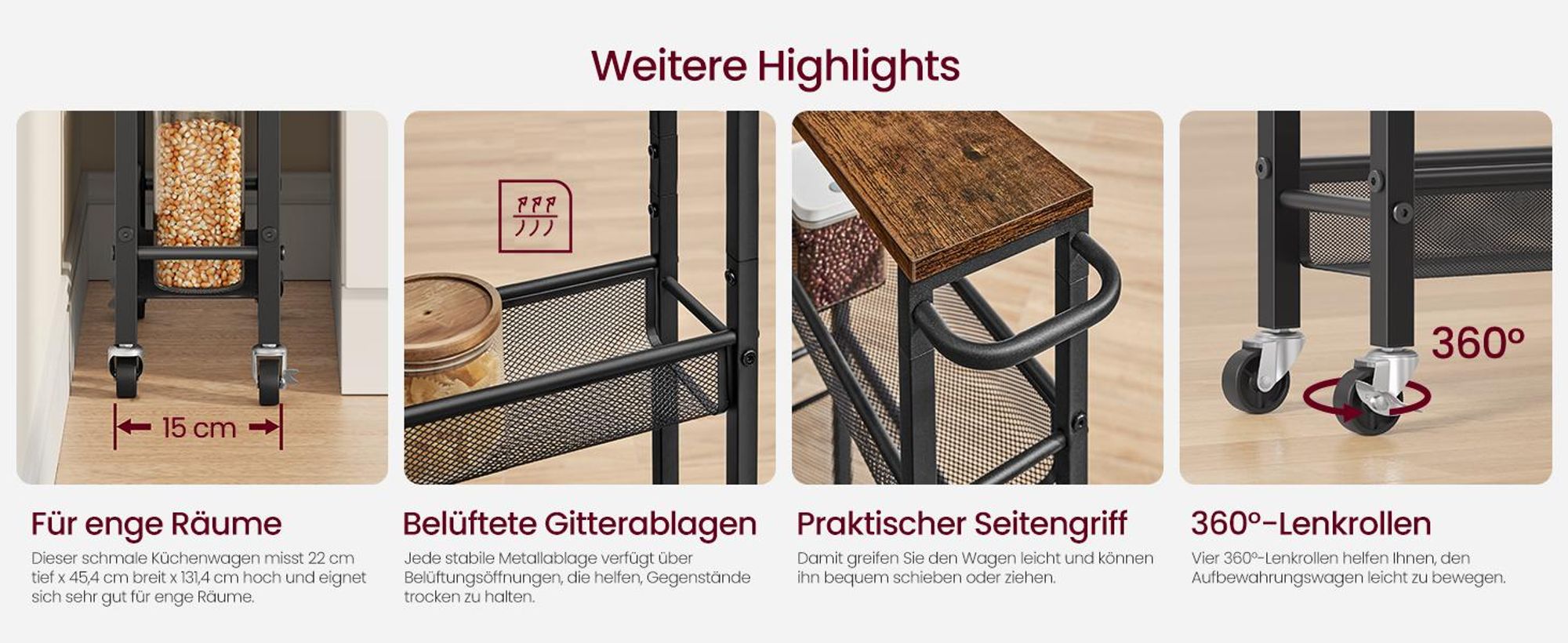 VASAGLE Servierwagen mit 6 Ablagen, schmales Nischenregal auf Rollen, für Küche, Bad, Wohnzimmer, Stahl, Griff, vintagebraun