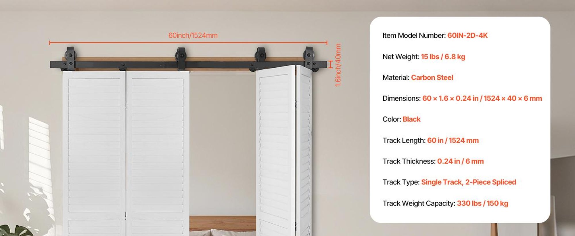 VEVOR Bi-Folding Schiebetürbeschläge Schienenkit, 60" Obermontageschienenkit, Gleitet Sanft & Leise, Schwerlast, Einfach Zu Installieren, Geeignet Für Vier 14" Schrank Vorratsraum Wäschetüren (Nicht Enthalten), 2-teilige Strecke, Einzelne Strecke mit vier Türen