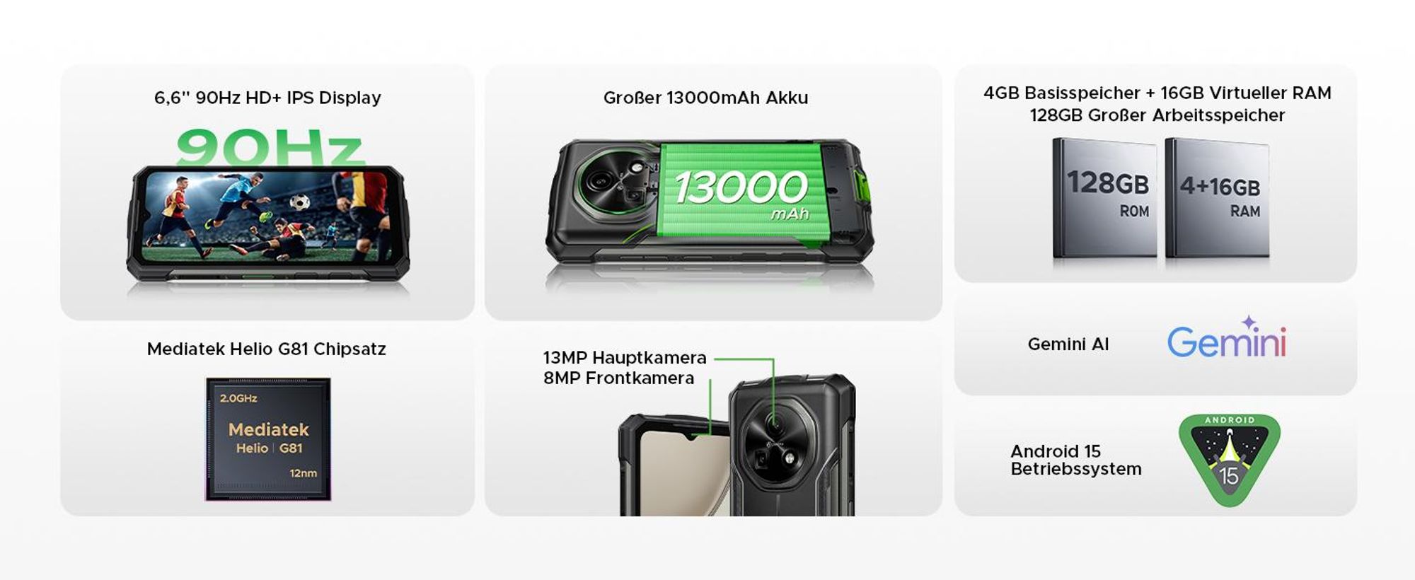 DOOGEE Fire 5 Pro Outdoor Smartphone Handy, Android 15, 4G, IP68/IP69K, 6,6" 90Hz, 13000mAh, 18W, 20+128GB, 13MP, NFC, Fingerabdruck, ohne Vertrag