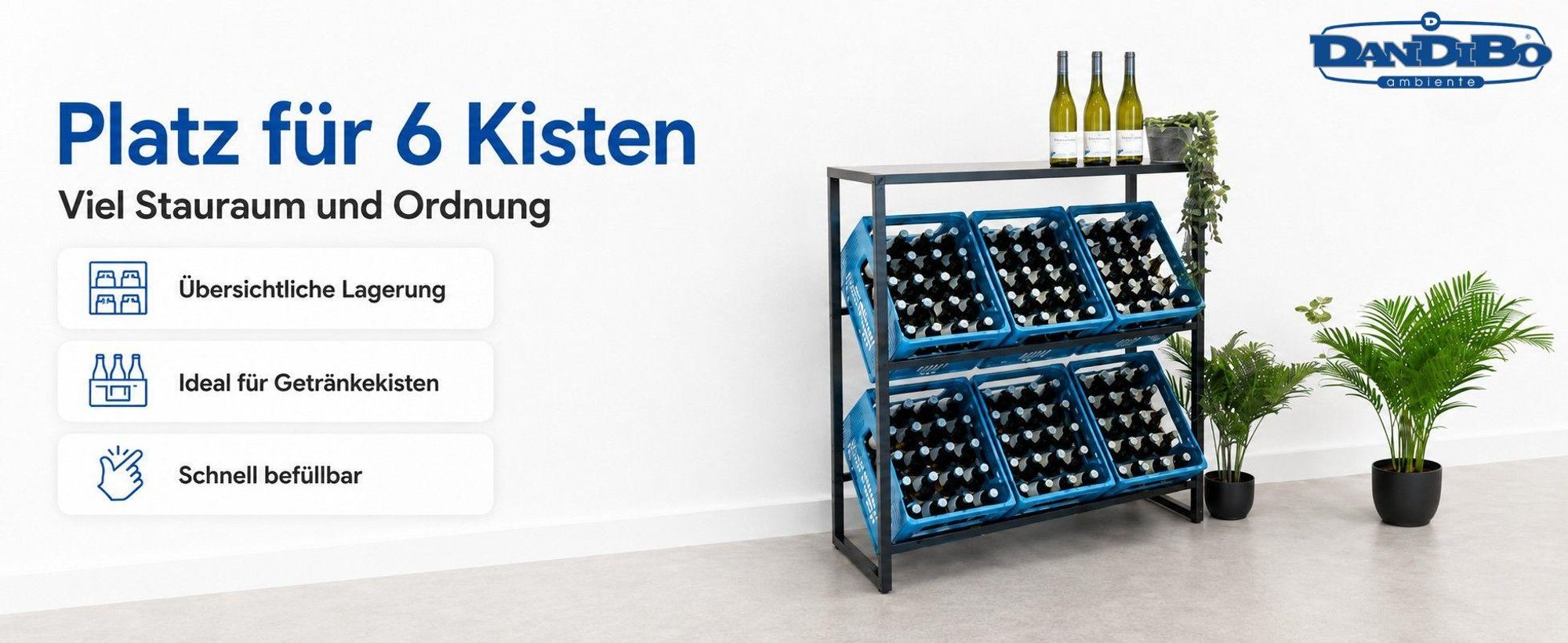 DanDiBo Getränkekistenregal 6 Kisten mit Ablage Metall Stabil 96435 Getränkekistenhalter 100 cm Getränkekistenständer