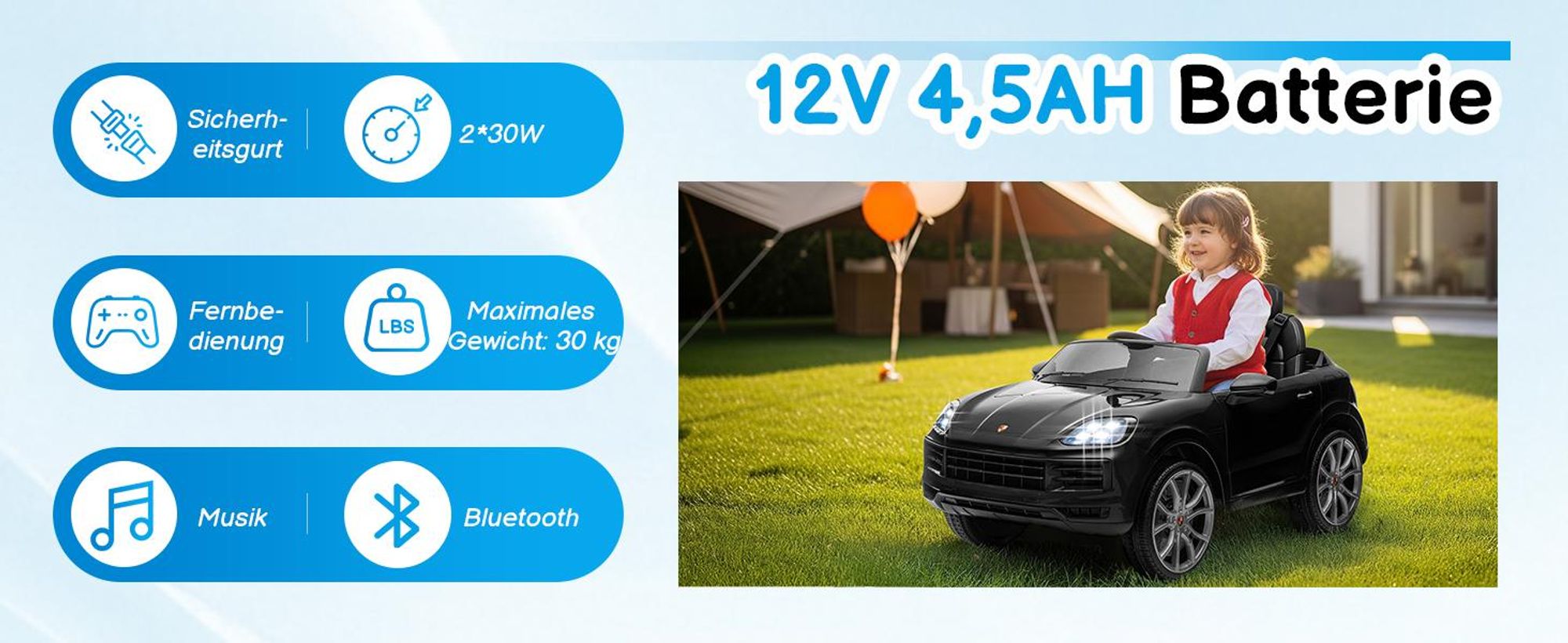FCH Kinder Elektroauto 12V Kinderauto Elektrisch 2,4G-Fernbedienung, Porsche Cayenne Elektrofahrzeuge mit MP3, Musik, Hupe, LED-Leuchten (schwarz)