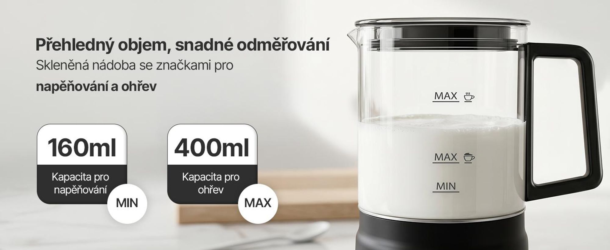 Elektrický pěnový mlékař Olvy ze skla, 4 v 1, 500 W, s ukazatelem teploty, kapacita 160 ml pěny z mléka, 400 ml ohřevu mléka, možnost přípravy teplé i studené pěny, černá barva