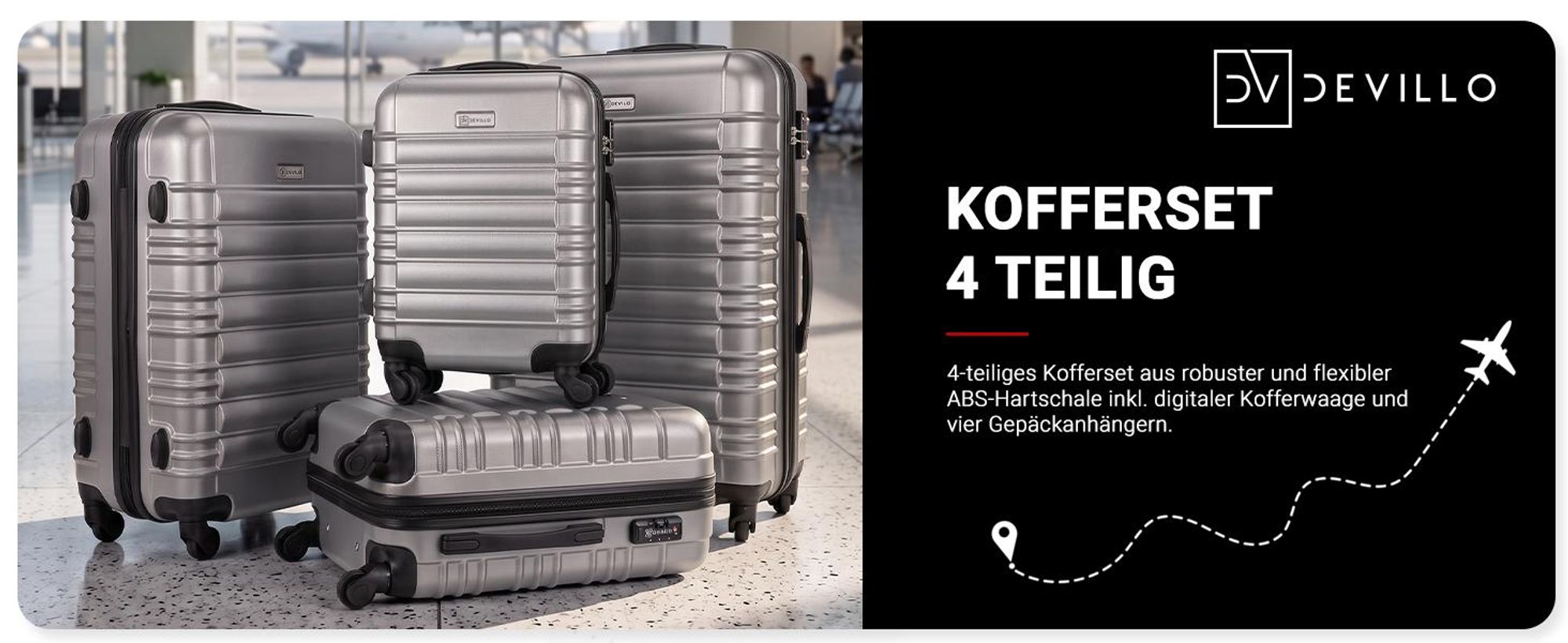 Devillo® Kofferset 4tlg. S-M-L-XL, Silber - Trolley Koffer Reisekoffer Reisekofferset Gepäck Rollkoffer TSA 4 Rollen ABS-Hartschale Teleskopgriff