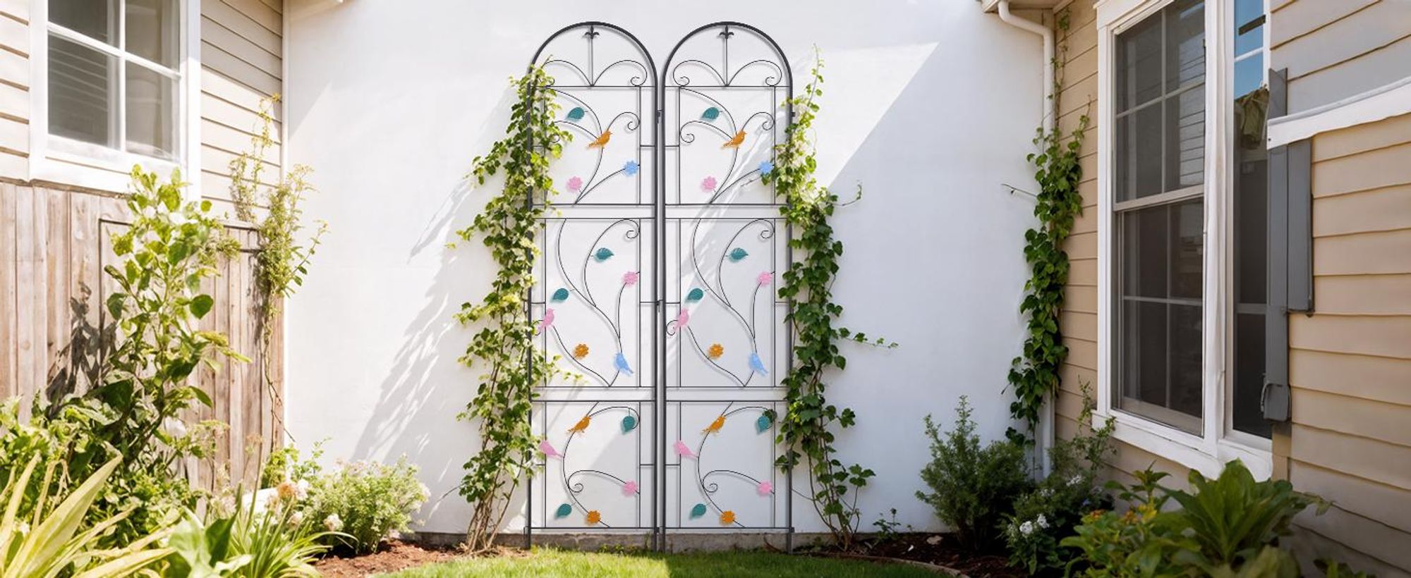 WISFOR Rankhilfe 2er Set Metall, rostfrei Rankhilfe Garten Spalier Rankzaun Kletterpflanzen Rosengitter Pflanzengitter Garten mit Farbige Deko
