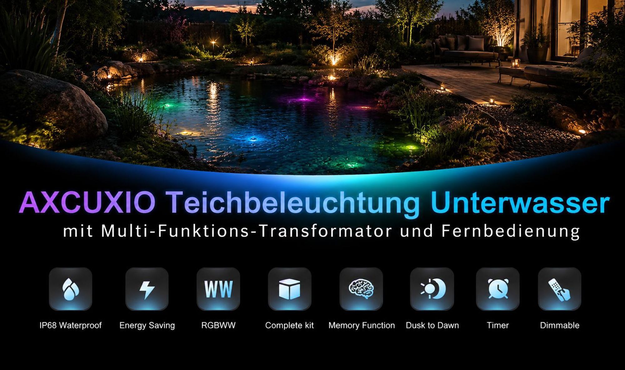 8er set LED RGB Poolbeleuchtung mit 14 Farben, Unterwasserstrahler mit Lichtsensor, 5 Helligkeitsstufen Teichbeleuchtung mit Fernbedienung und Timer