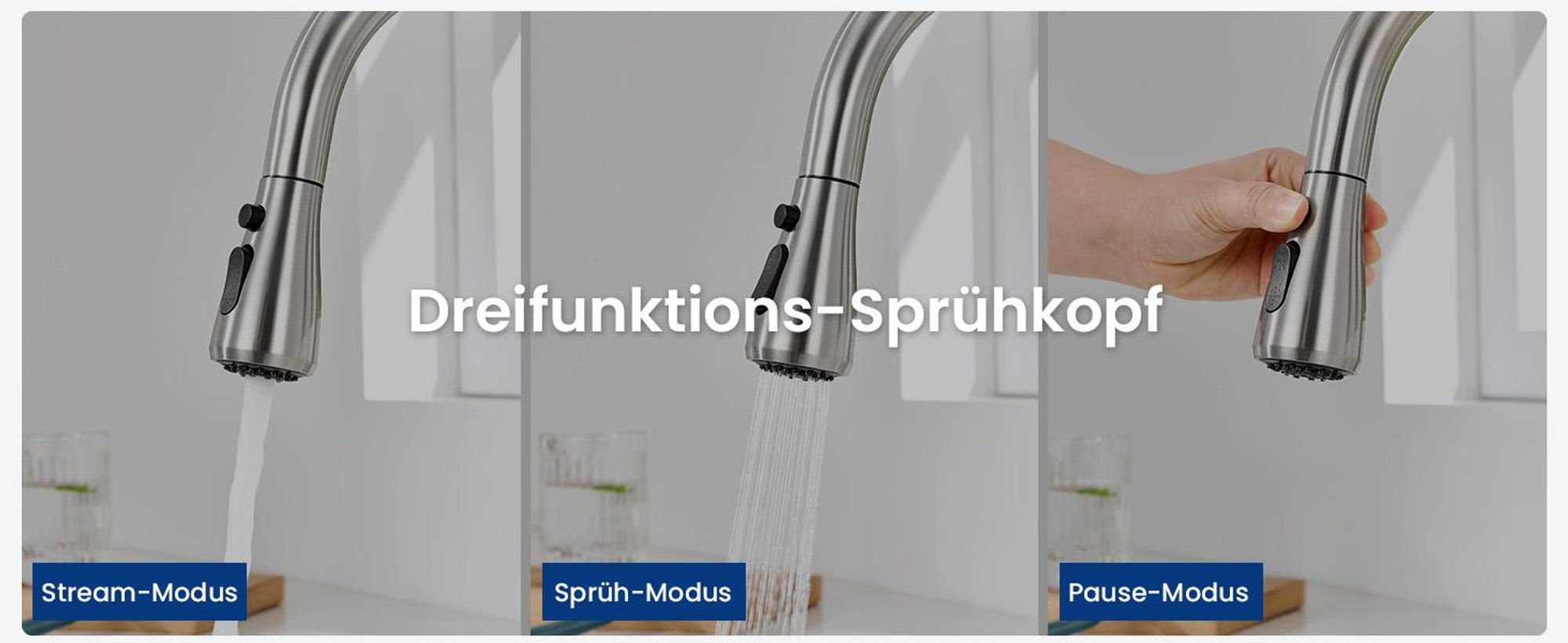 AjieQaQ Wasserhahn Küche ausziehbar, 304 Edelstahl gebürstet, 2 Strahlarten, hoher Auslauf, 360° schwenkbar