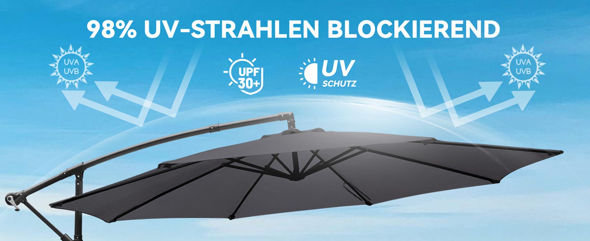 Puluomis Sonnenschirm verstellbare Ampelschirm mit Kurbel ohne Ständer, Ø300cm UPF 30+ Aluminiumrahmen Balkonschirm Strandschirm  Gartenschirm grau