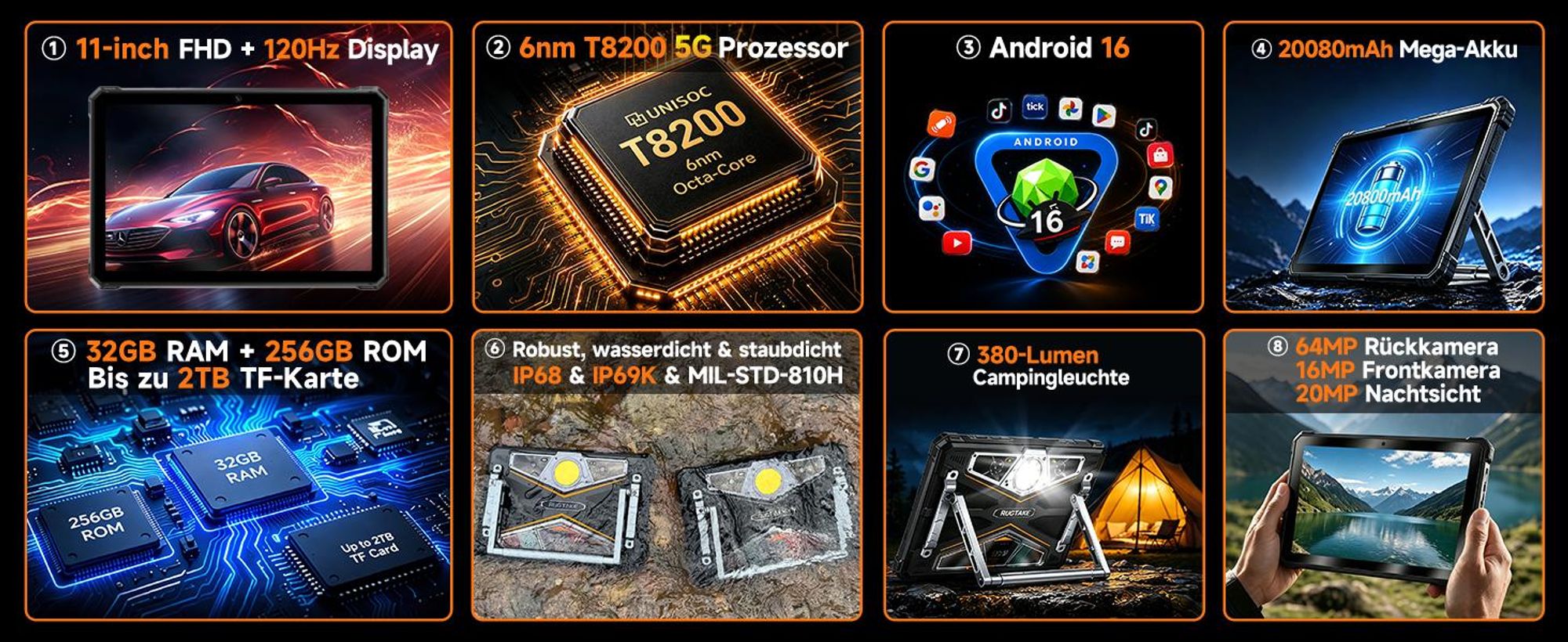 RUGTAKE T5 Pro Outdoor Tablet 5G Android 16 - 32GB+256GB - 20080mAh 11" 120Hz 2K 64MP+20MP Nachtsicht Rugged Tablet Gemini AI/Widevine L1, Orange