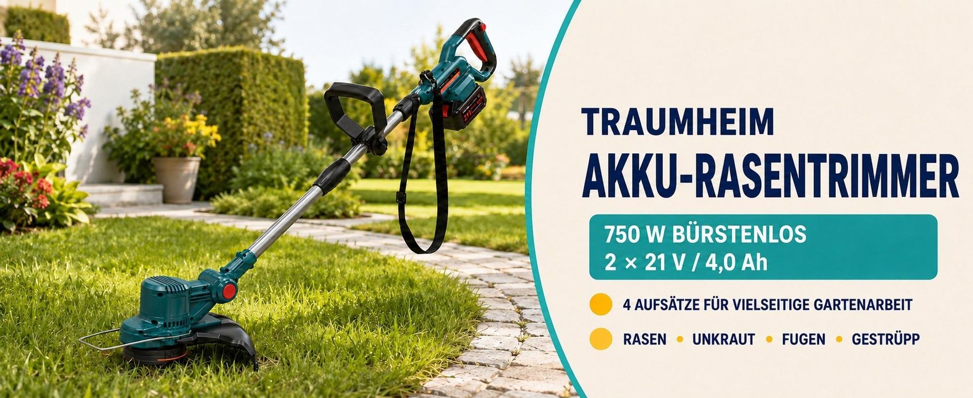 750W Akku Rasentrimmer mit 2× 4000mAh Akku 21V, Bürstenloser Motor Rasentrimmer mit Unkrautbürste, Freischneider mit Akkus & Ladegerät