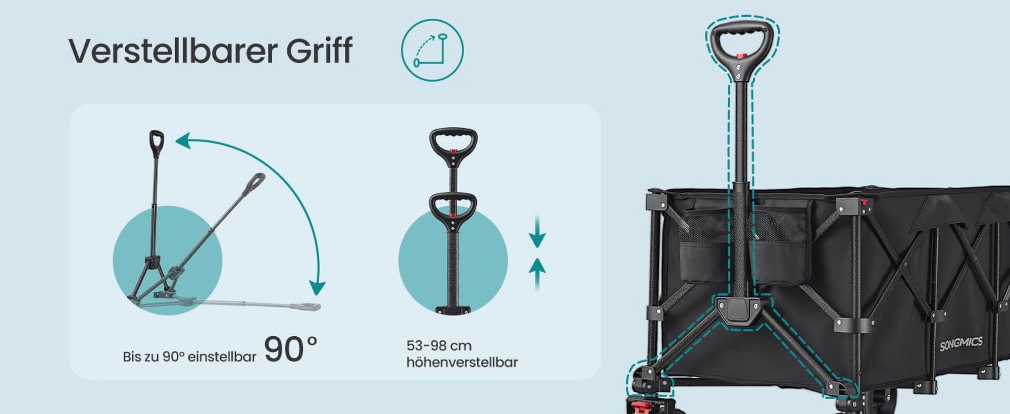 SONGMICS Faltbarer Handwagen mit Griff, Bollerwagen, 4 abnehmbare Rollen, 200 L, bis 150 kg, Outdoor, Garten, schwarz