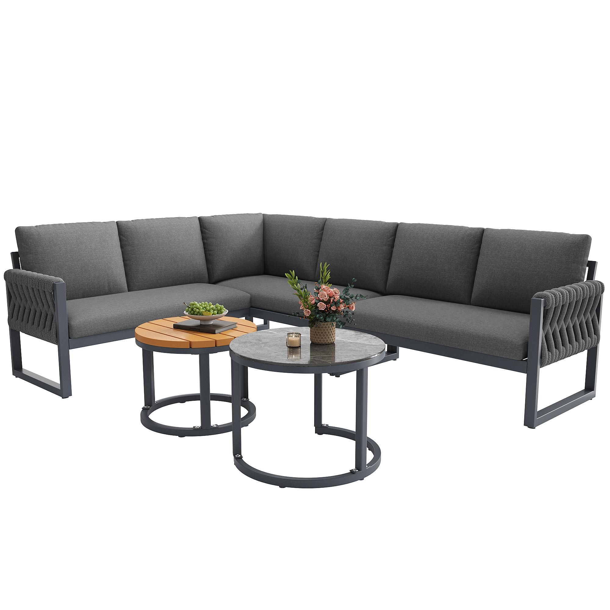 Flieks Gartenlounge-Set 5 teilig, Gartenmöbel-Set mit 2 Couchtischen, Terassenmöbel Balkonmöbel mit Kissen für 5-6 Personen, Sofagarnitur Grau