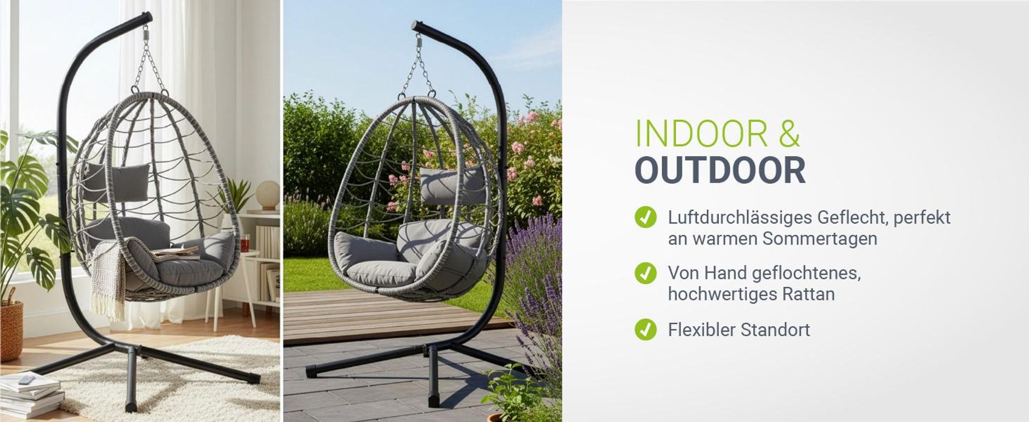 Juskys Hängesessel Aria mit Kissen - höhenverstellbar & faltbar - Polyrattan Hängeschaukel Outdoor & Indoor - Korbhängesessel bis 130kg Dunkelgrau