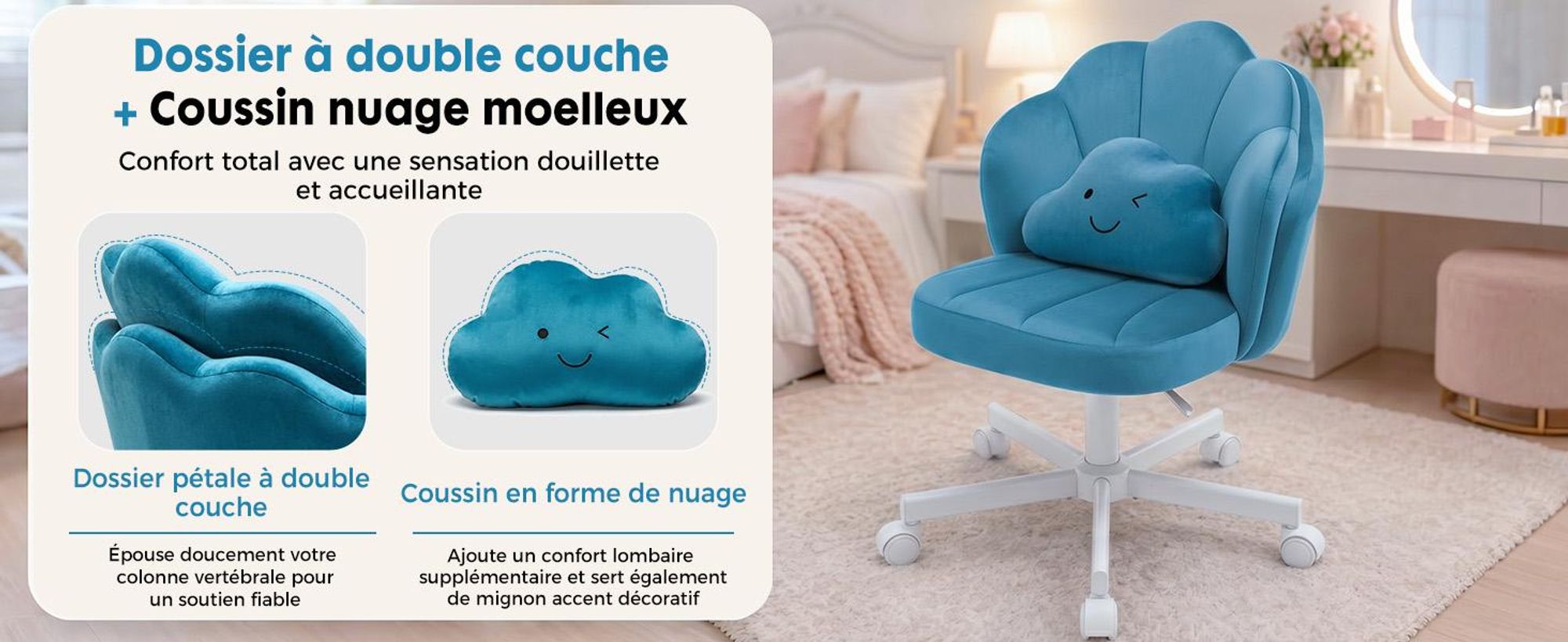Chaise de bureau COMHOMA, chaise de maquillage, chaise de bureau à roulettes avec double dossier et coussin moelleux, chaise pivotante réglable en hauteur, velours, bleu