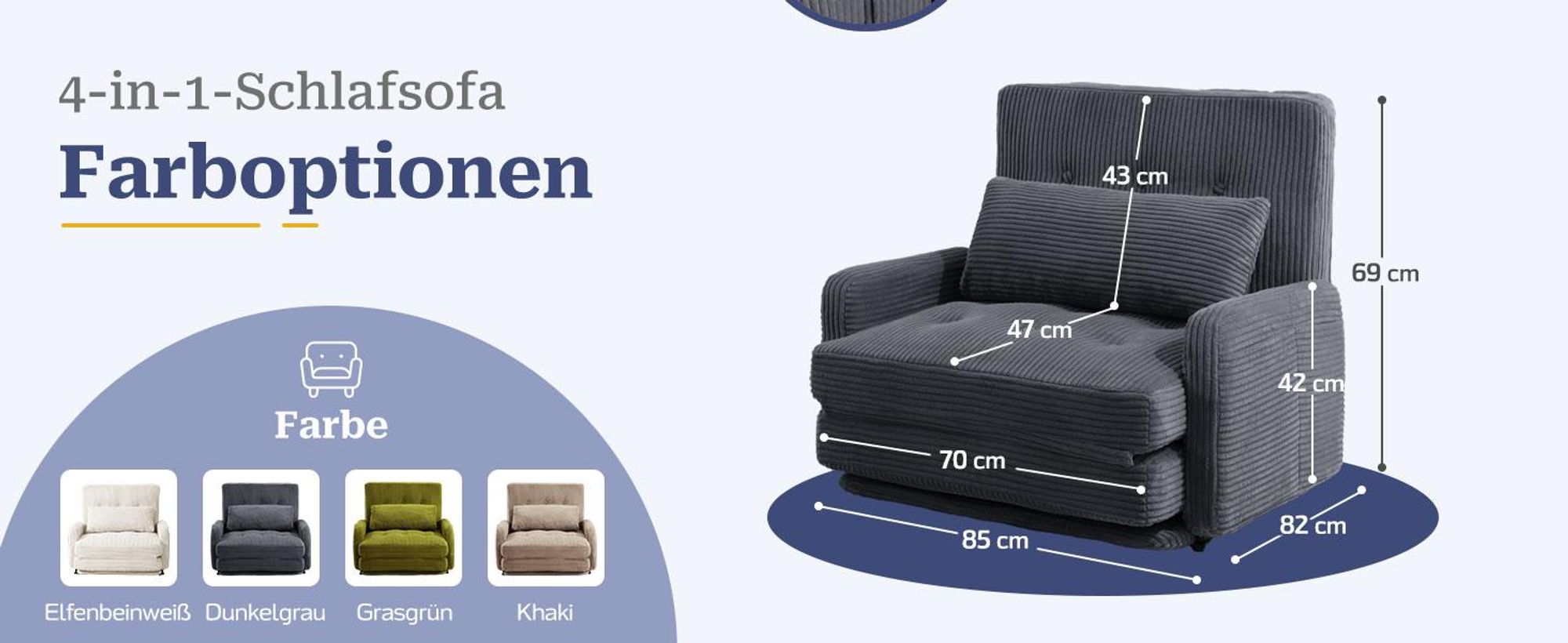 Bodenhohes Sofa,- mit Schlaffunktion, erhältlich in verschiedenen Farben, moderner Cordstoff, Dunkelgrau
