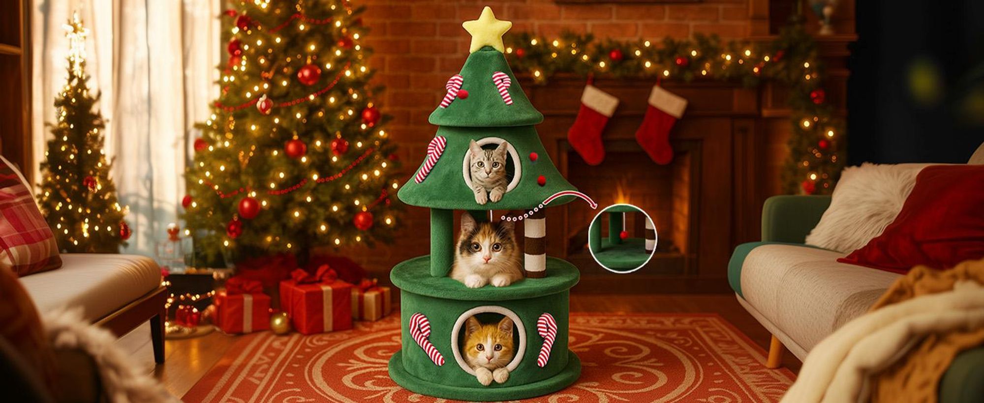 COMHOMA Kratzbaum 144 cm hoch im Weihnachtsbaum-Design, mehrstöckiger Katzenbaum mit Katzenhaus, Plattformen & Spielbällen, Stabiler Kletterbaum für K