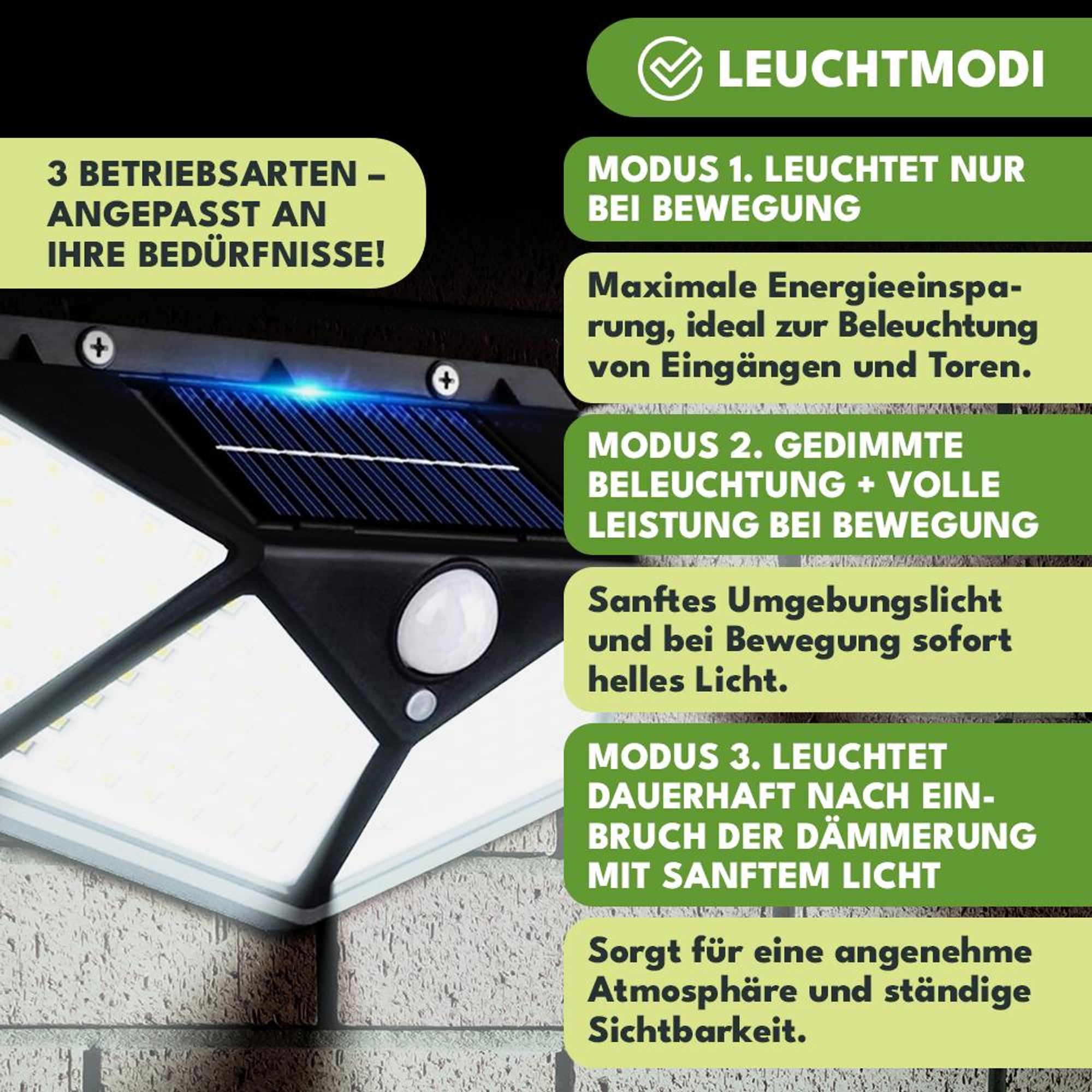 KRUMAD Solarleuchte Außen 100 COB 600 lm mit Bewegungsmelder & Dämmerungssensor, 3 Modi, IP65, 120° Abstrahlwinkel - für Garten, Terrasse, Wand