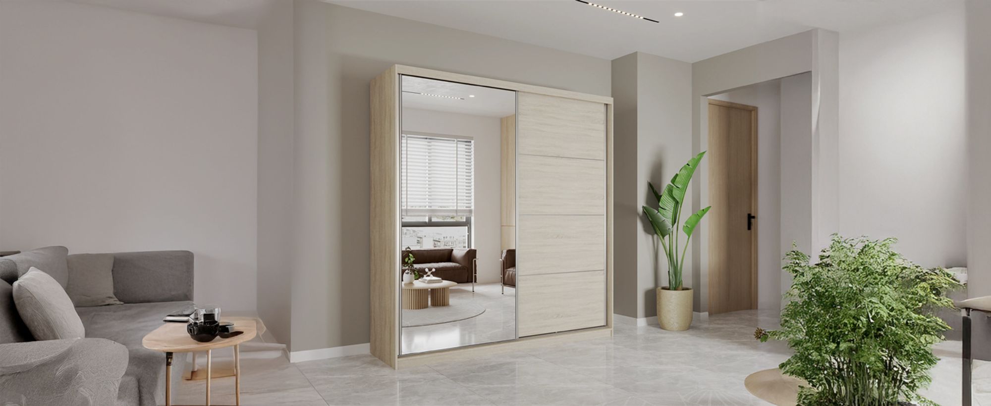 Schwebetürenschrank Kleiderschrank Schrank 203cm Sonoma/Sonoma matt mit Spiegel und Zierleisten Pola 42 S