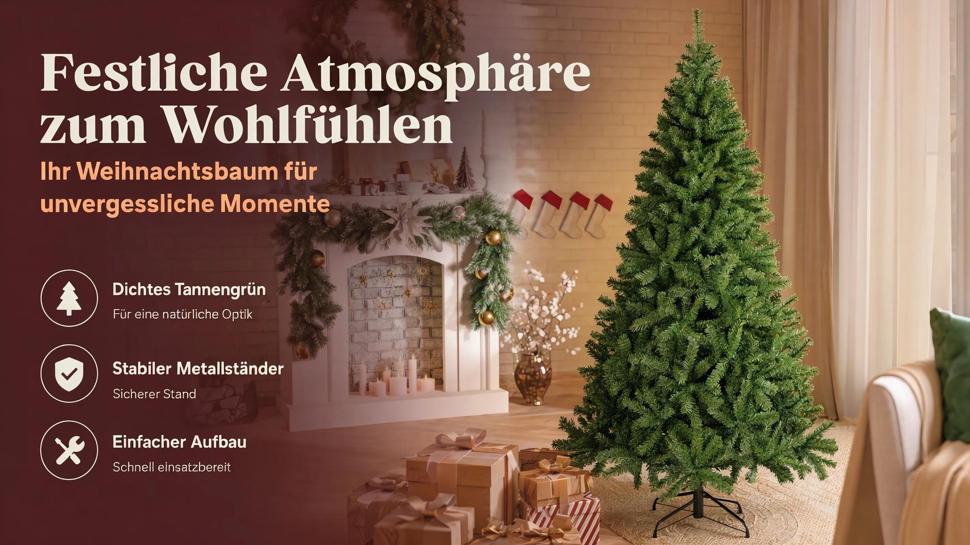 180 cm Künstlicher Weihnachtsbaum mit 1000 grünen Spitzen, Metallständer, Nordmanntanne, PVC Tannenbaum Naturgetreu Tannenbaum