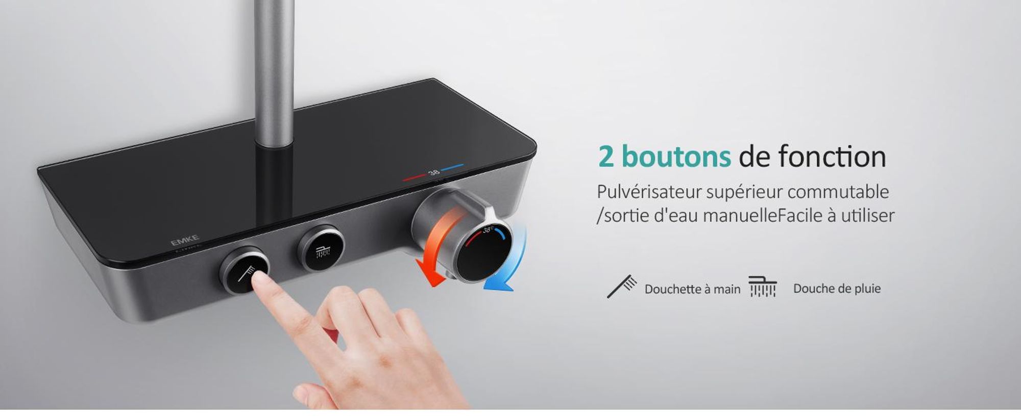 EMKE Système de douche avec thermostat, set de douche en acier inoxydable avec douchette à main 3 fonctions, robinetterie de salle de bain & douche,  KTW, gris- F08