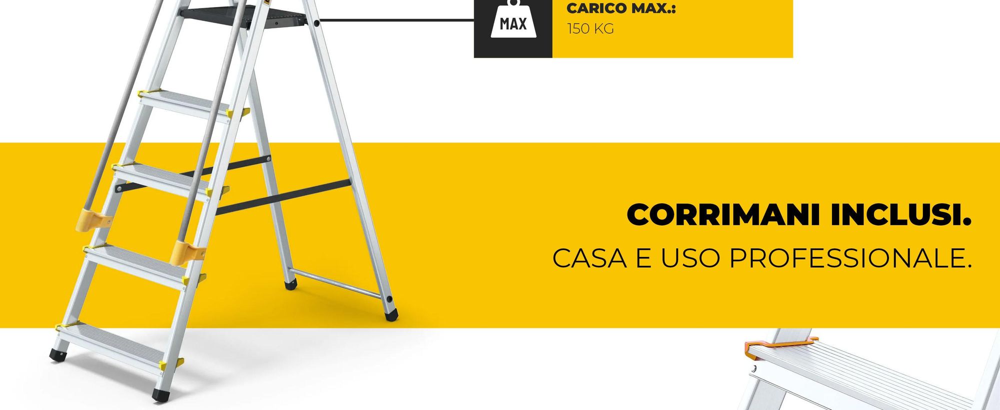 Drabest | Scala - 5 gradini, portata 150 kg - Scala con corrimano, scala in alluminio, piedini antiscivolo, scaletta, scala pieghevole