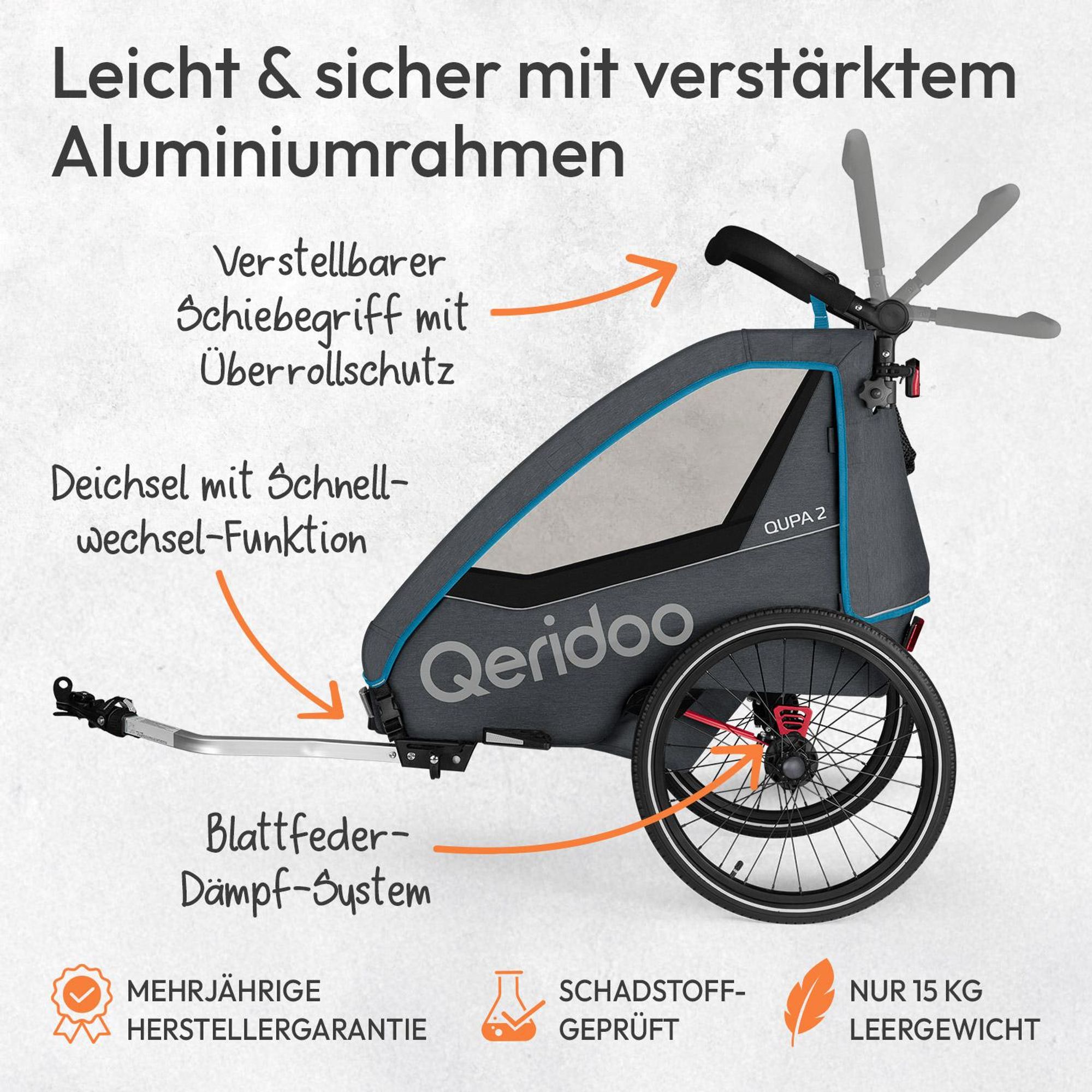 Qeridoo QUPA 2 - Kinderfahrradanhänger für 2 Kinder, Farbe: Blue